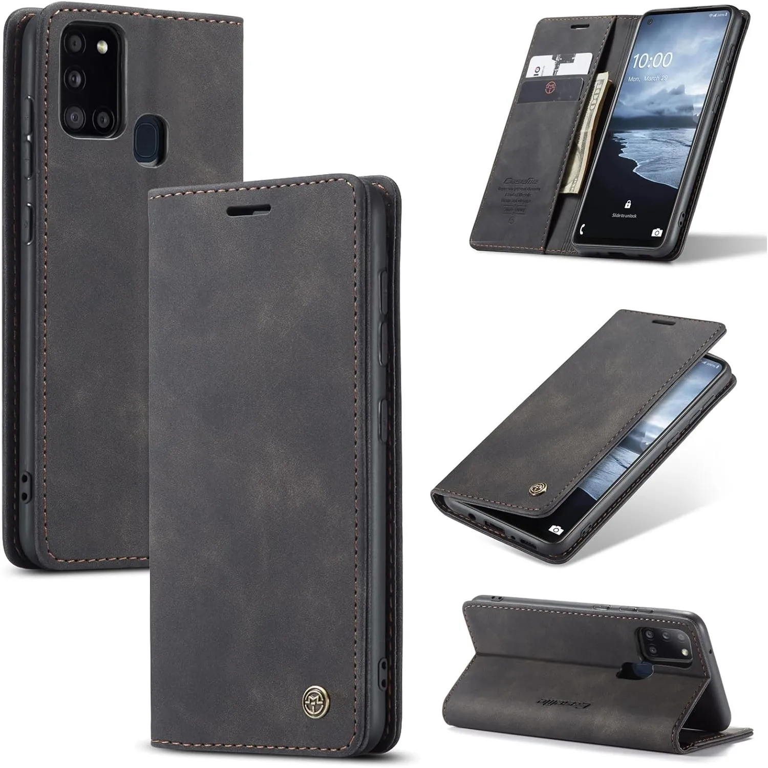 Handyhülle für Samsung Galaxy A21s Hülle, Premium Lederhülle Weiches Vintage-Nubukleder Faltbare Ständer Klapphülle Kar…