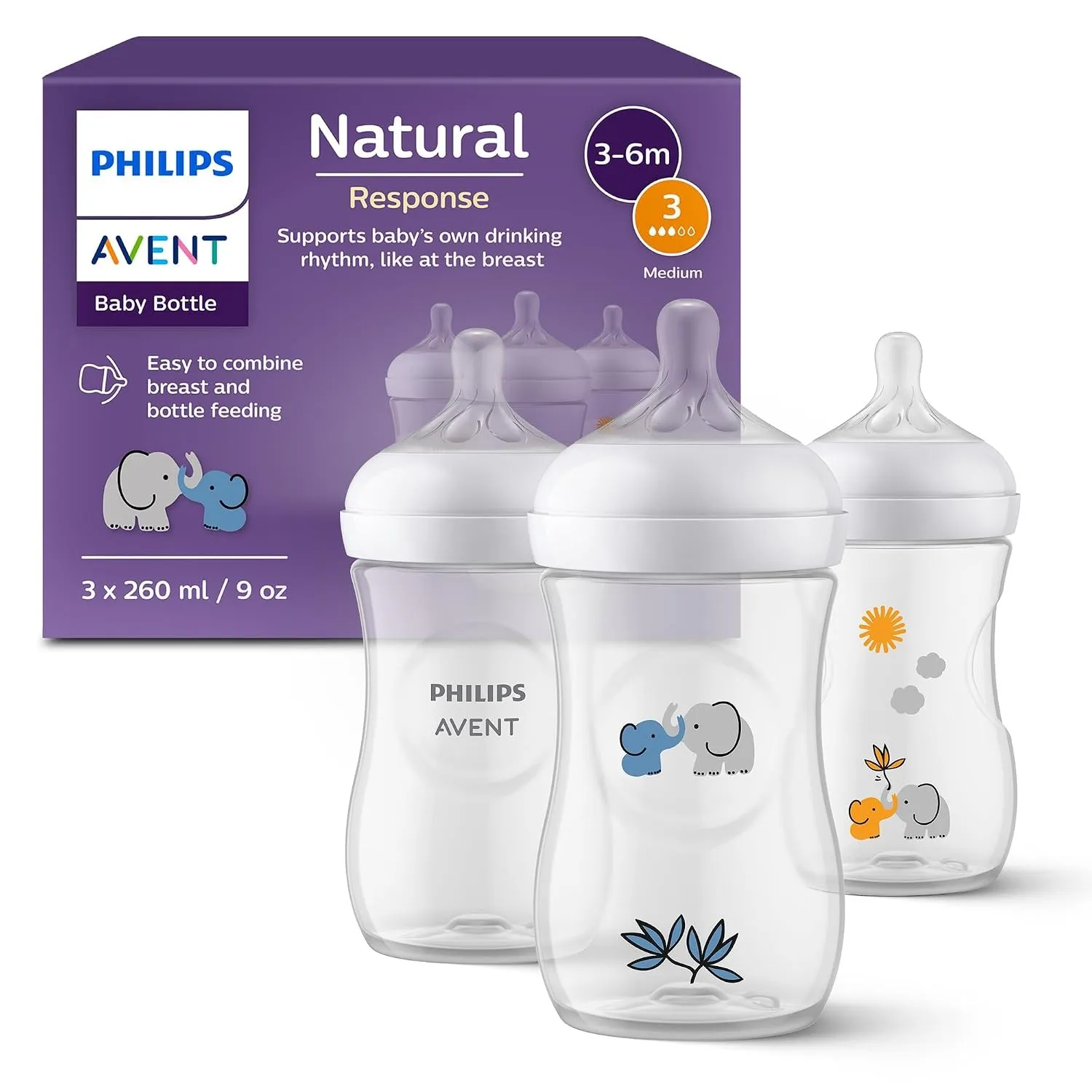 Philips Avent Natural Response Geschenkset für Babys: 3 Natural Response Babyfläschchen (260 ml) mit T3 Saugern (3-6 Mo…