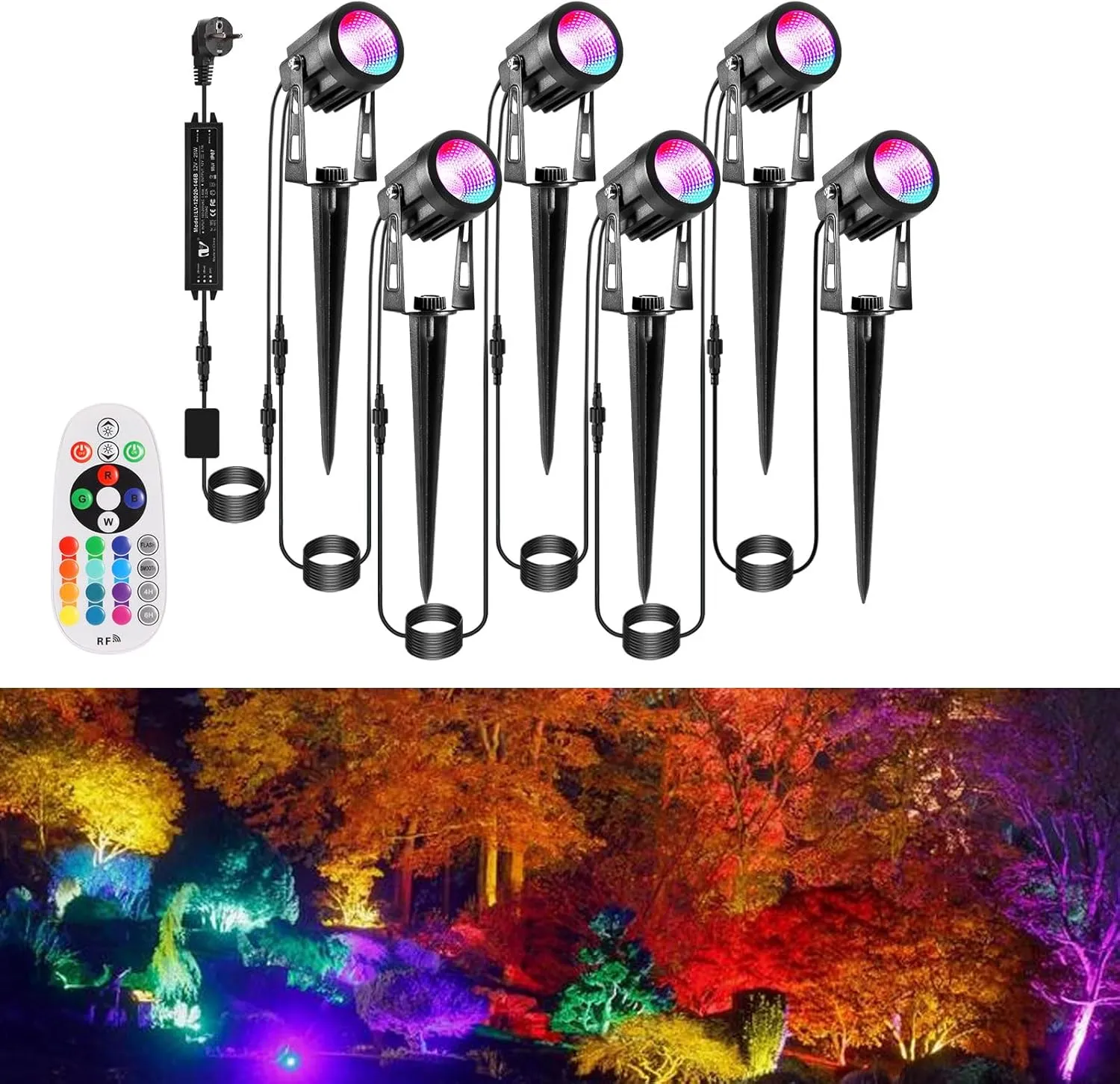 RGB Gartenleuchte 21m 6er LED Gartenstrahler mit Strom Erdspieß 12V 3W 1800lm Farbig Gartenbeleuchtung IP65 Wasserdicht Bunt Gartenlampe mit Fernbedienung Timer für Garten Rasen Yard Zaun