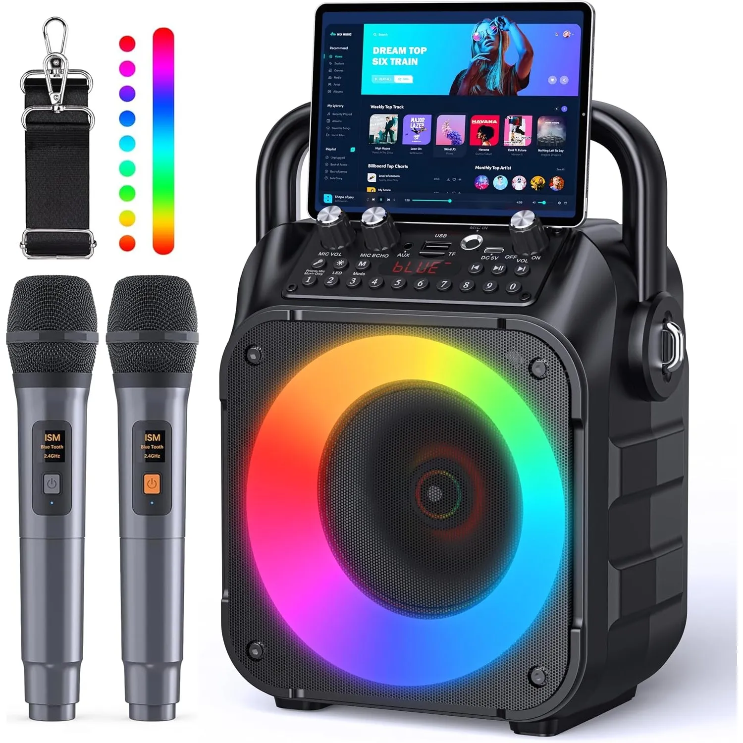 Karaoke-Maschine, tragbarer Bluetooth-Lautsprecher für Erwachsene mit 2 drahtlosen Mikrofonen, PA-System für Erwachsene…