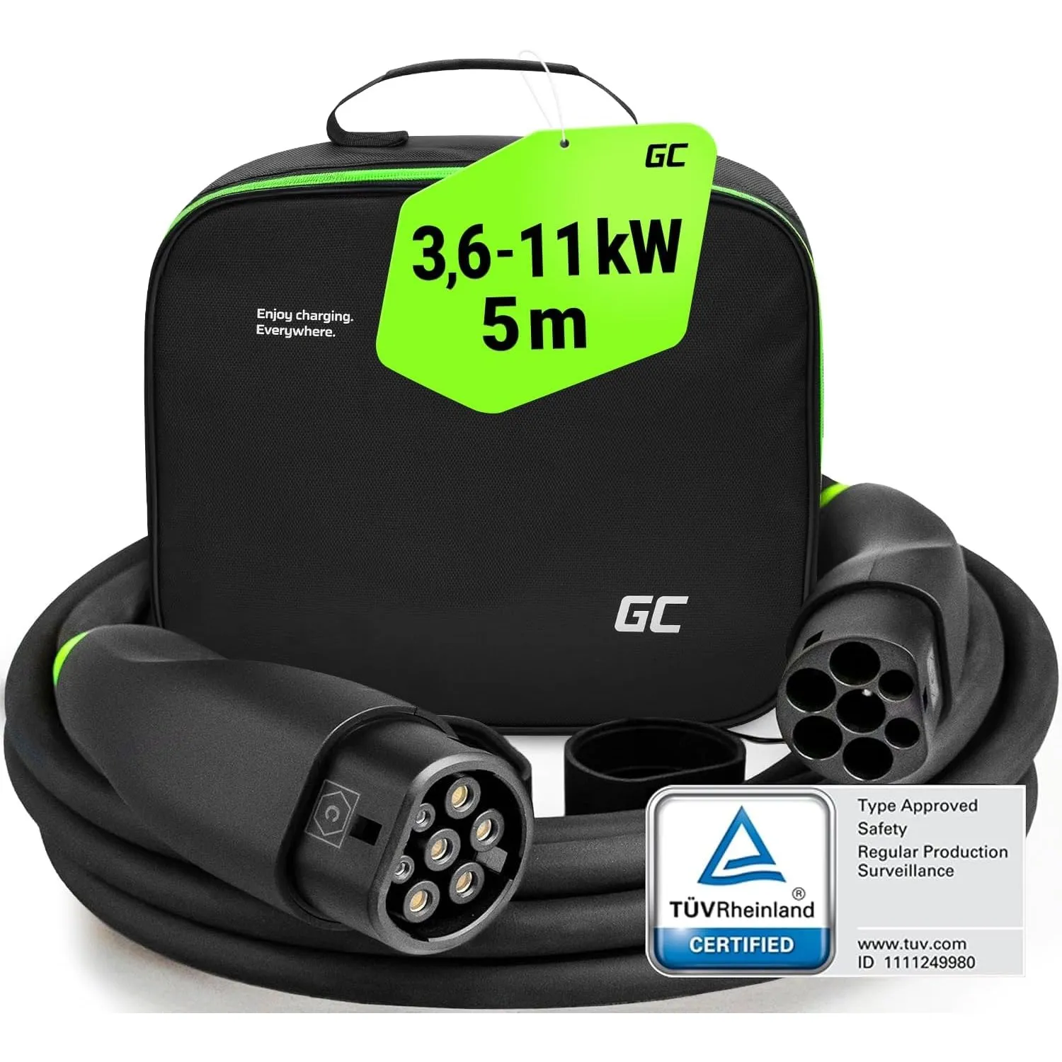 Green Cell GC Snap Typ 2 Ladekabel 11kW 5m 16A für EV Elektroautos Typ 2 auf Typ 2 3-Phasig TÜV Kompatibel mit Model Y …