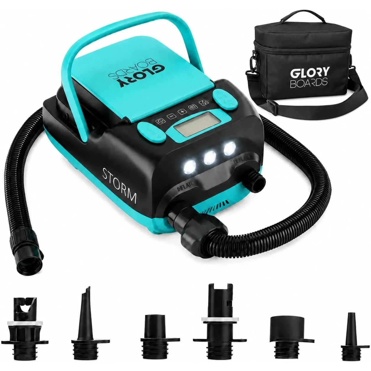 GLORY BOARDS® - SUP Pumpe Akku | elektrische Pumpe SUP | 20 PSI Hochdruck | elektrische Luftpumpe mit 6 Adapter für Sta…