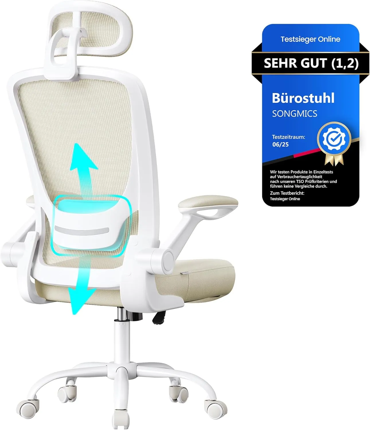 SONGMICS Bürostuhl ergonomisch, Drehstuhl mit Mesh, Lenden- und Kopfstütze, Wippfunktion, 53 cm große Sitzfläche, klapp…