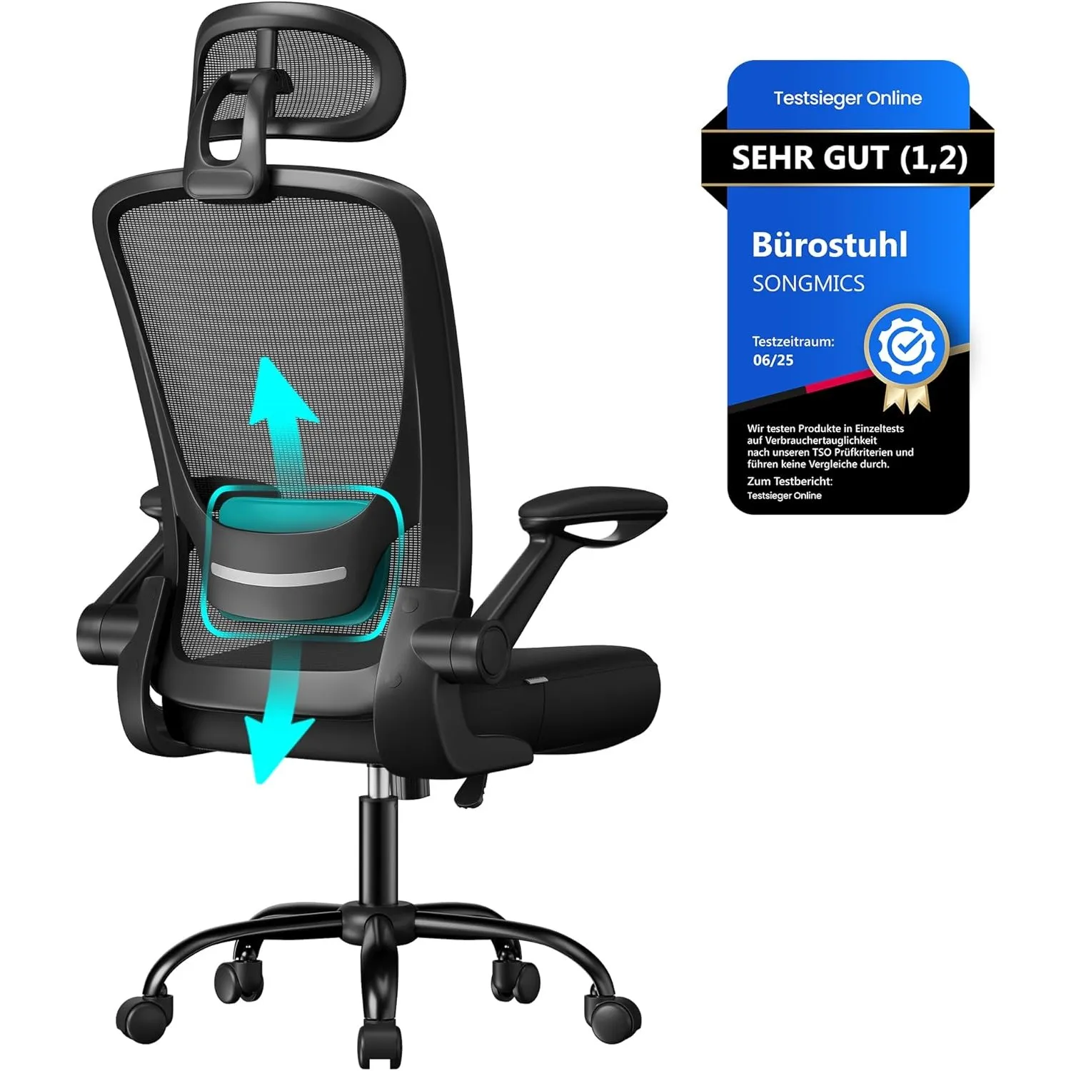 SONGMICS Bürostuhl ergonomisch, Drehstuhl mit Mesh, Lenden- und Kopfstütze, Wippfunktion, 53 cm große Sitzfläche, klapp…