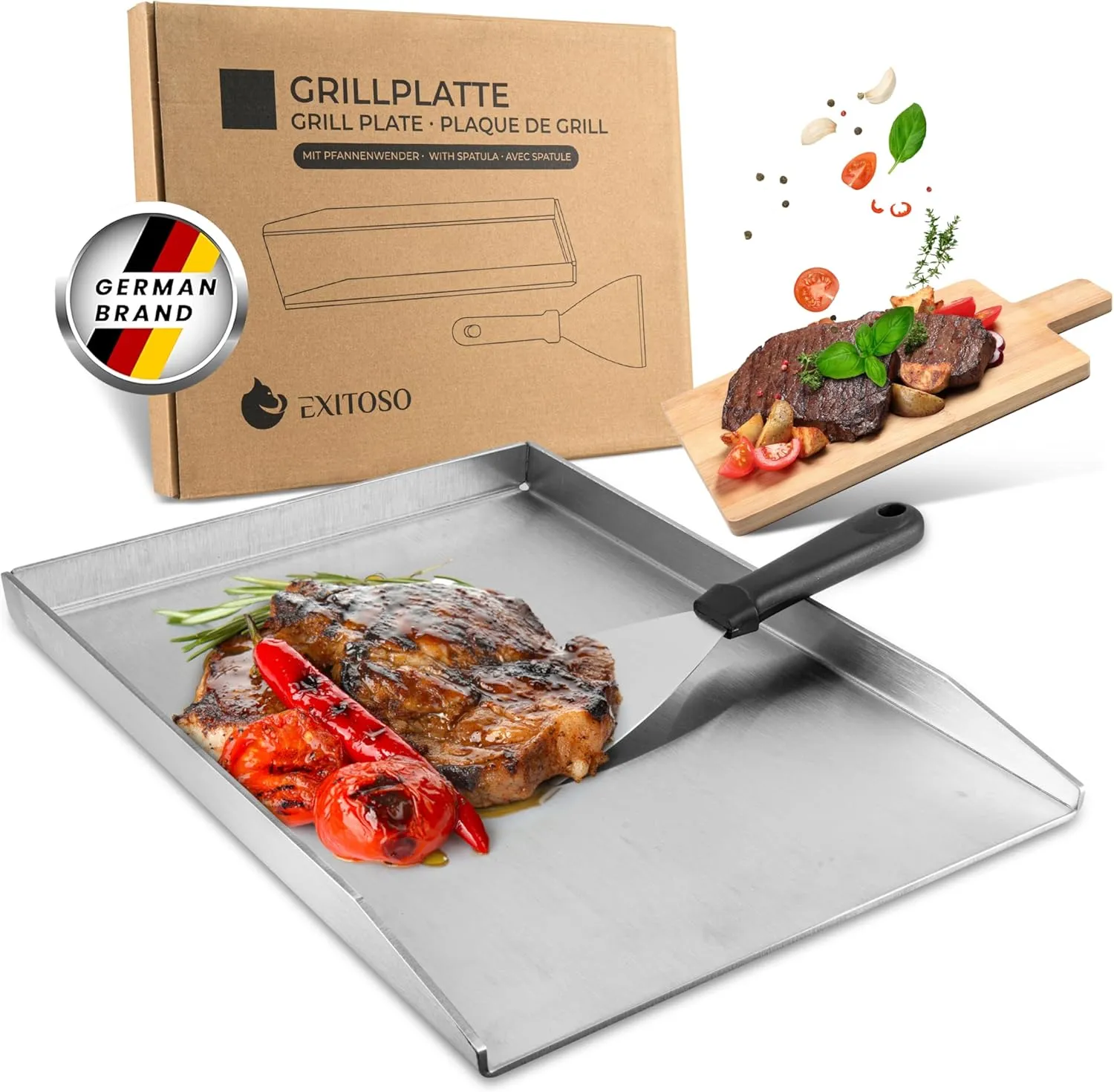Exitoso Grillplatte 30x40cm | Plancha Mit Grillspachtel | Gasgrill Aus Dickem & Rostfreiem Edelstahl | 4mm Dicke | Univ…