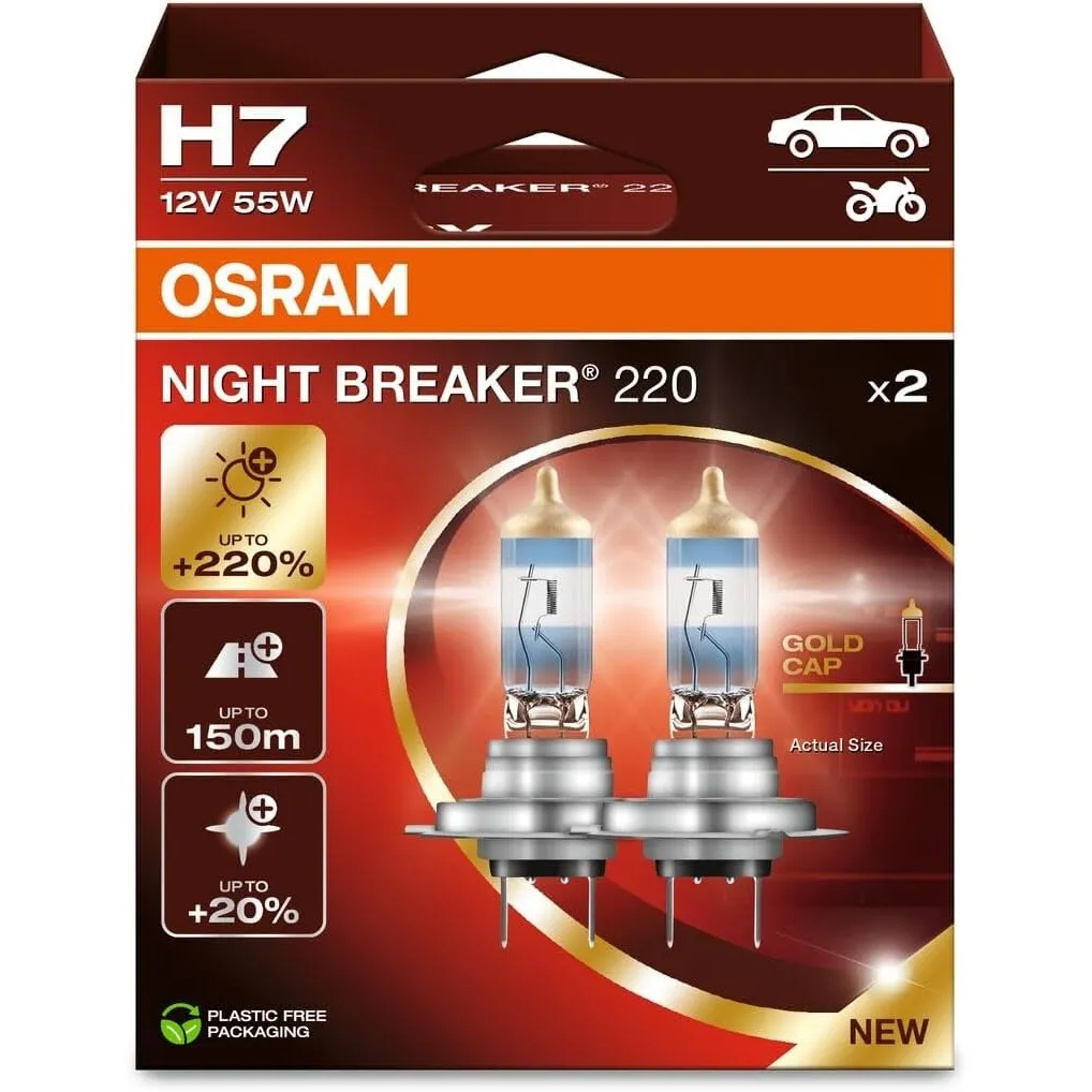 Osram NIGHT BREAKER 220, H7, +220% mehr Helligkeit, Halogen-Scheinwerferlampe, 64210NB220-2HB, Faltschachtel (2 Lampen)