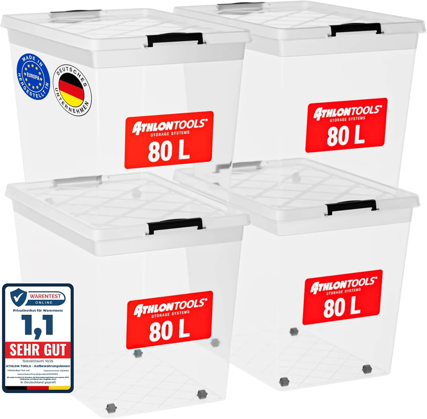 ATHLON TOOLS 4x 80 L Aufbewahrungsboxen mit Deckel, lebensmittelecht - Verschlussclips - 100% Neumaterial Plastik-Box t…