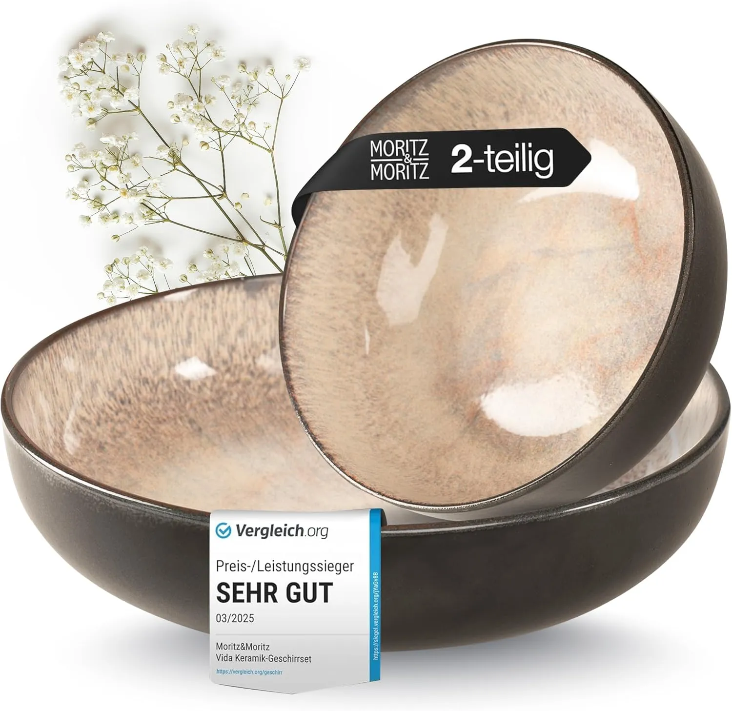 Moritz & Moritz VIDA Serving Bowls Set Beige - 2 x Large Bowls Made of High-Quality Porcelain, Modern and Timeless, Mic…
