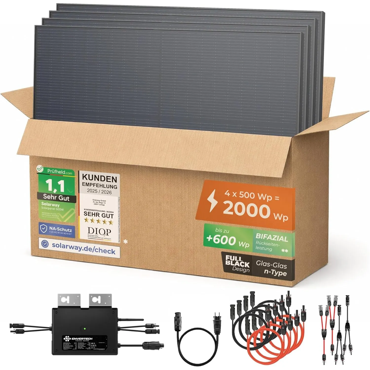 Solarway® Balkonkraftwerk 2000W komplett Steckdose - neuester 2000W Wechselrichter - Solaranlage Komplettset - 500W bif…