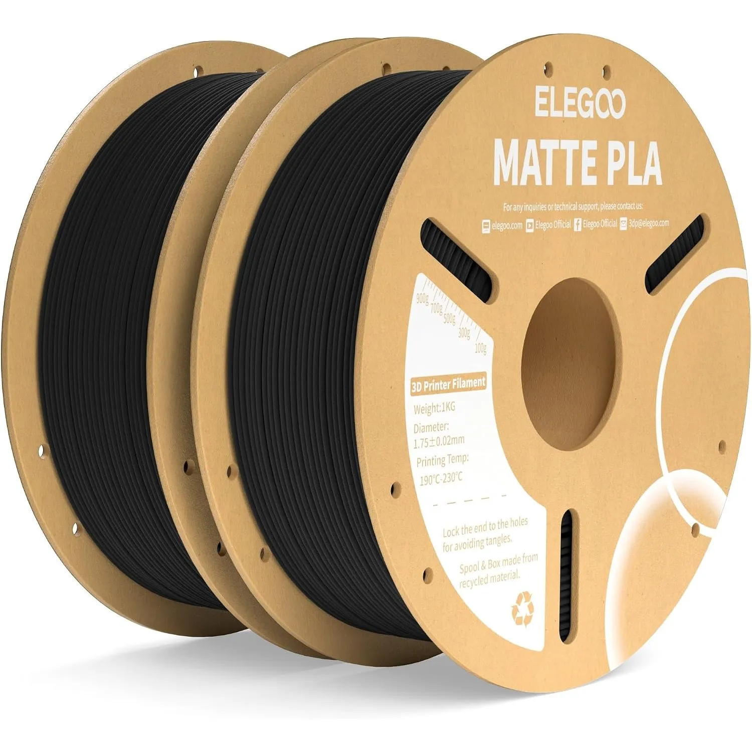 ELEGOO Matte PLA Filament 1.75mm Schwarz 2KG, 3D Drucker Filament PLA