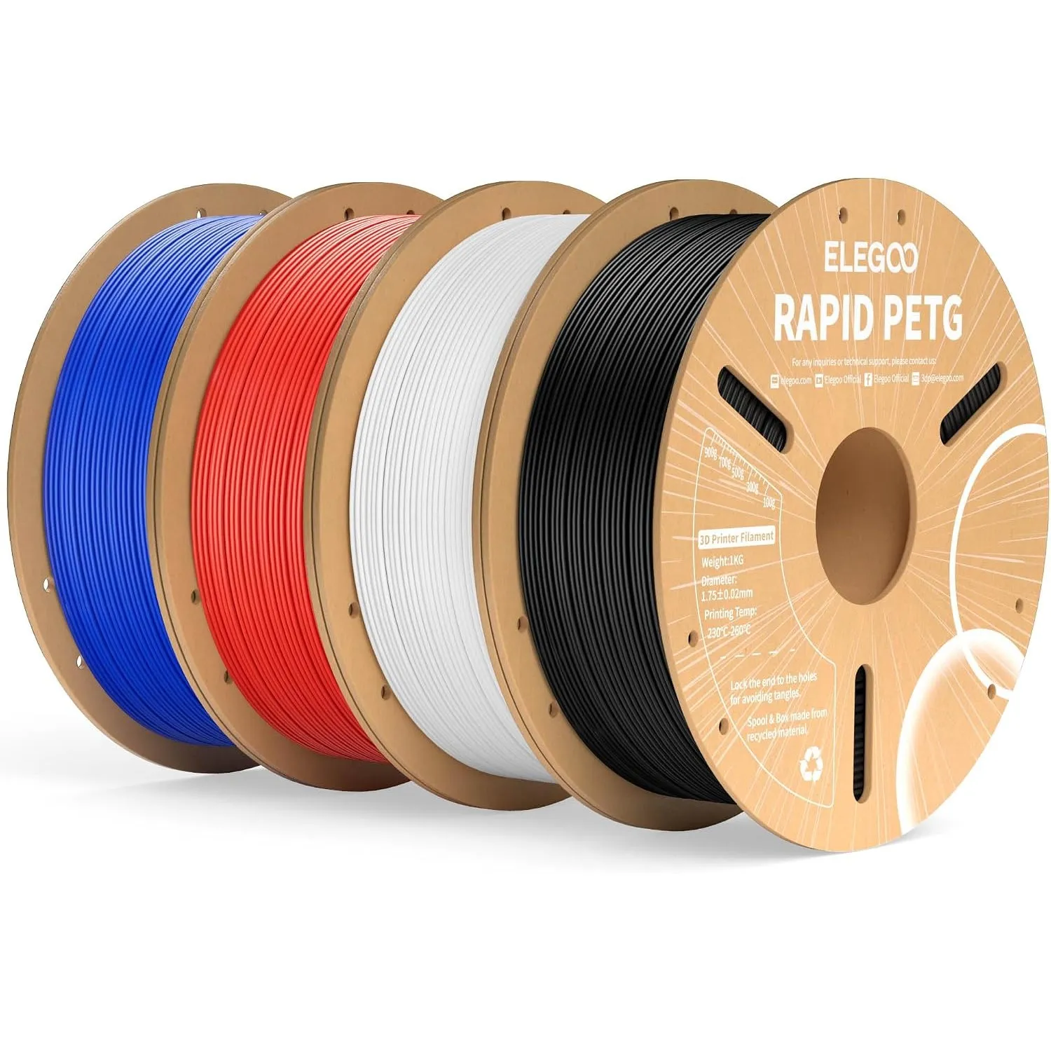 ELEGOO Rapid PETG Filament 1.75mm 4KG Schwarz/Weiß/Rot/Blau