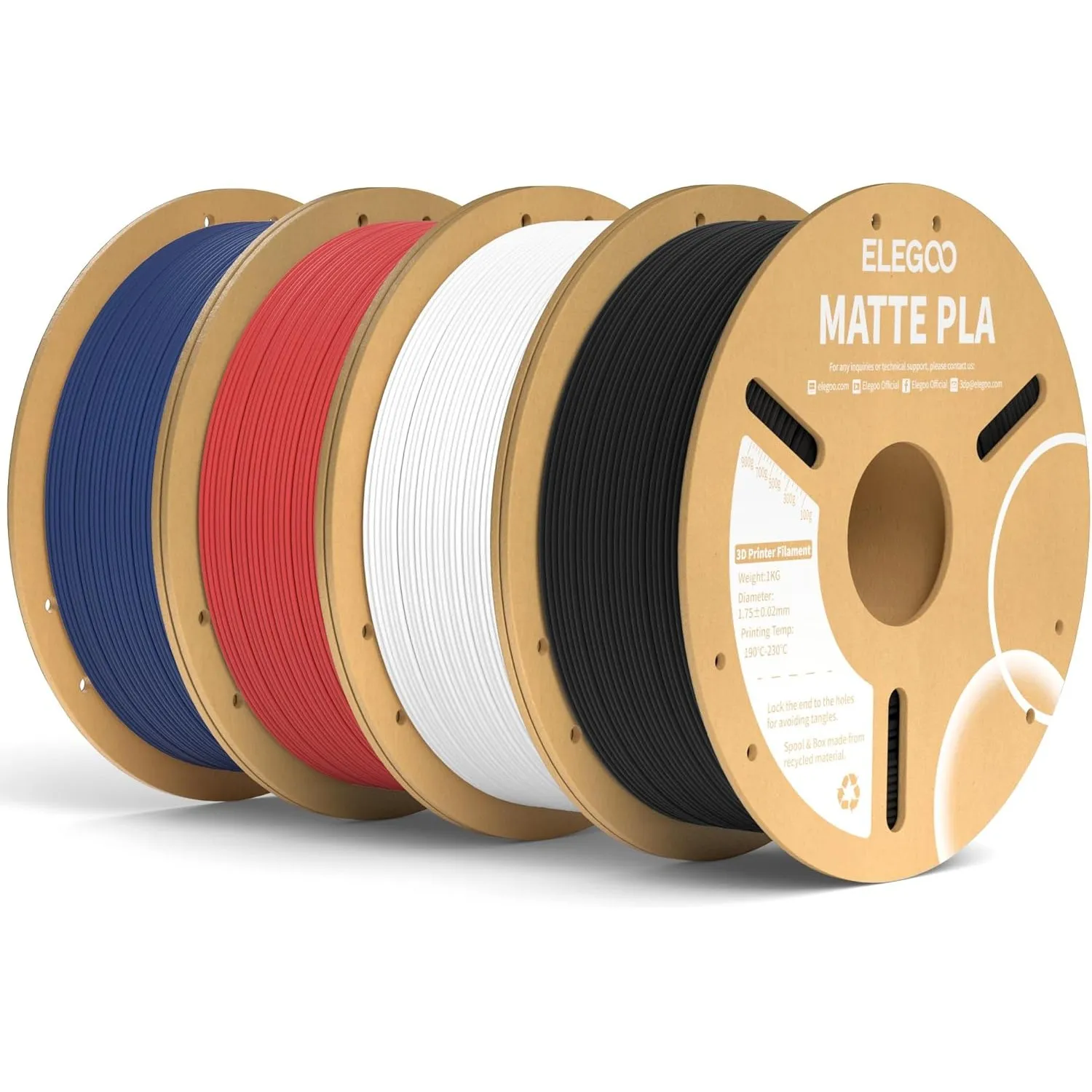 ELEGOO Matte PLA Filament 1.75mm Schwarz Weiß Rubinrot Marineblau 4KG