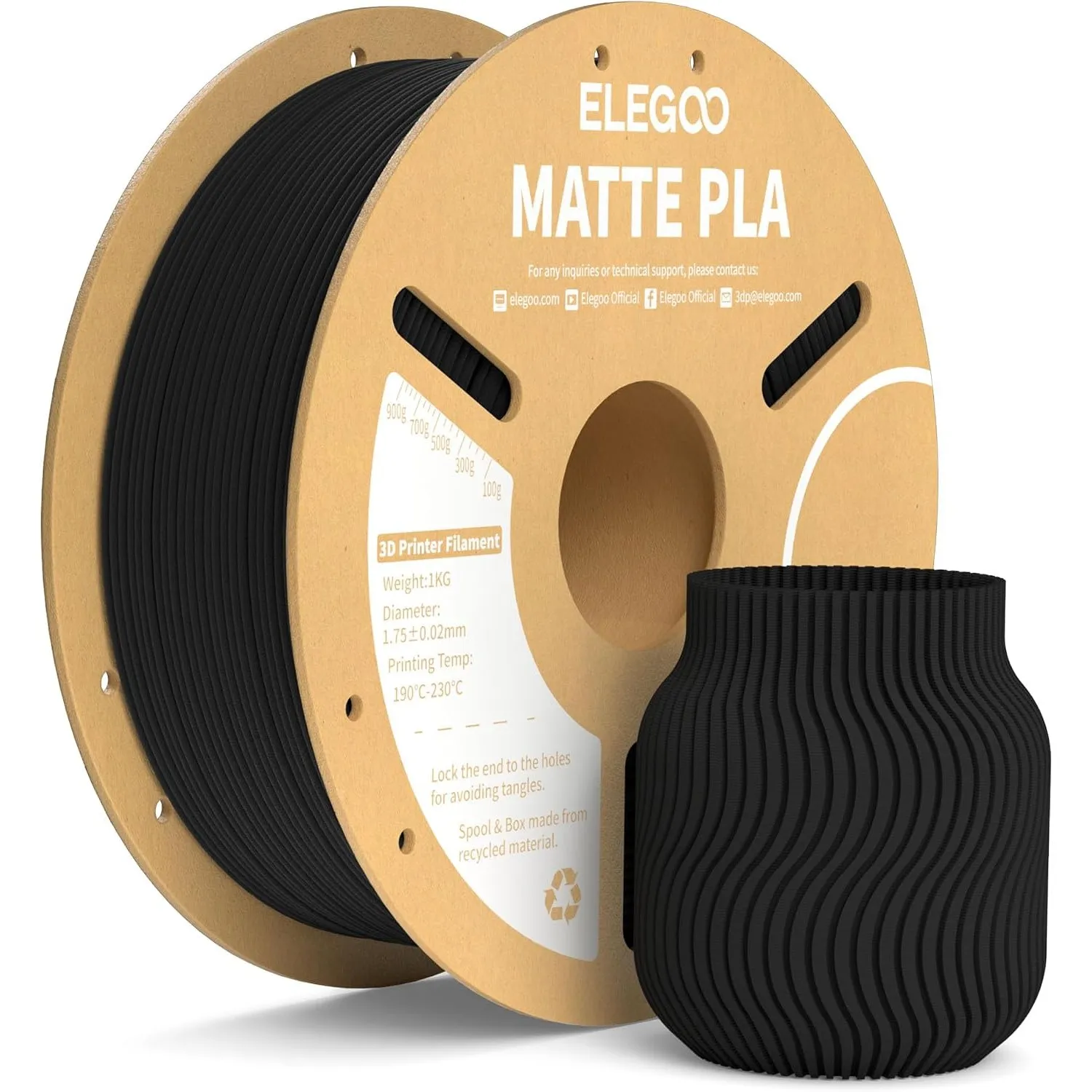 ELEGOO Matte PLA Filament Matte Schwarz 1KG, 1.75mm 3D Drucker Filament Maßgenauigkeit +/- 0.02mm, 1kg Kartonspule (2.2…