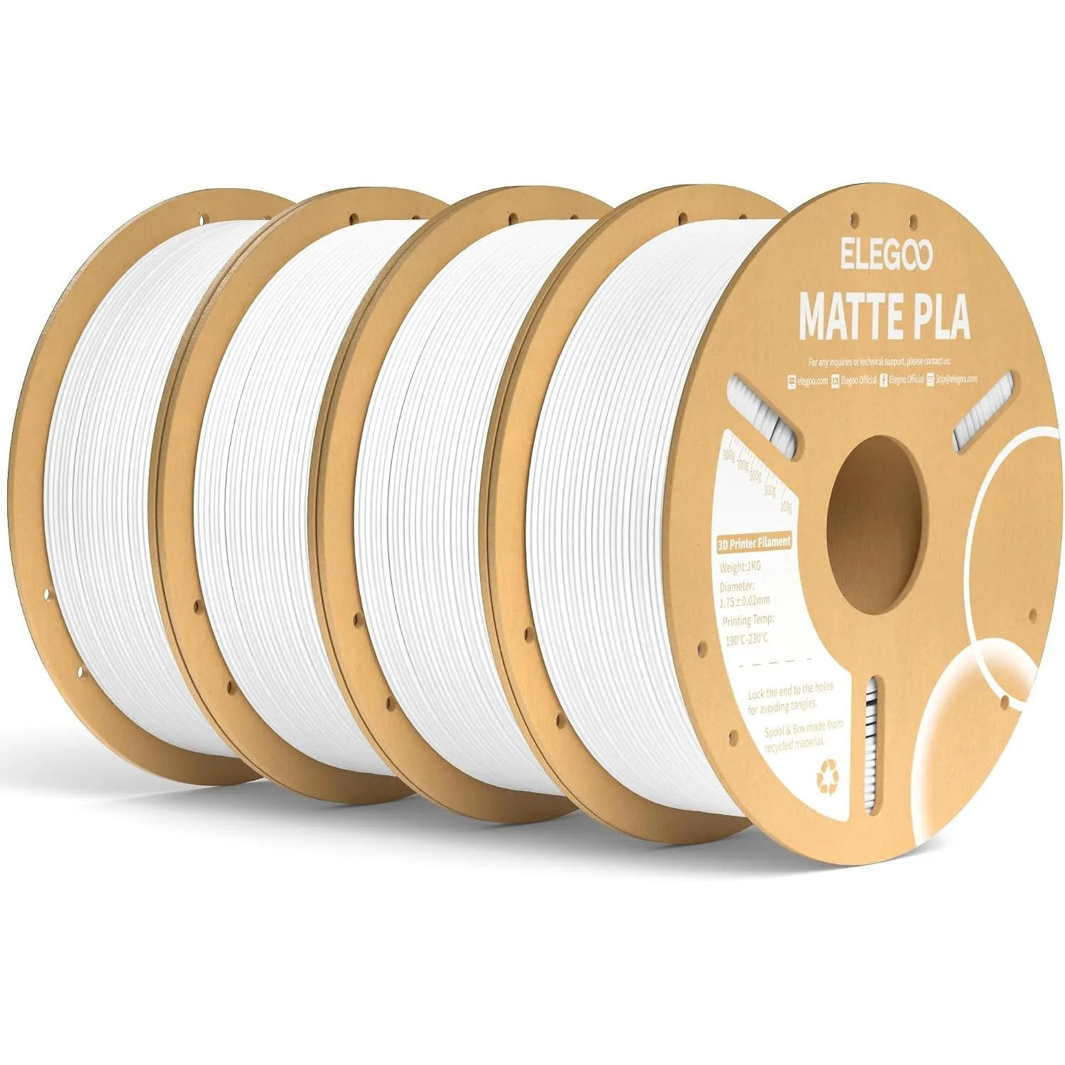 ELEGOO Matte PLA Filament 1.75mm Weiß 4KG, 3D Drucker Filament PLA