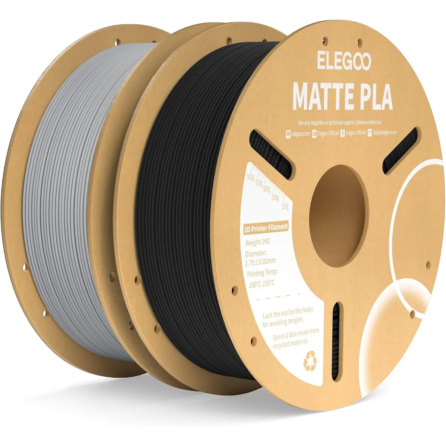 ELEGOO Matte PLA Filament 1.75mm Schwarz Schiefergrau 2KG, 3D Drucker PLA