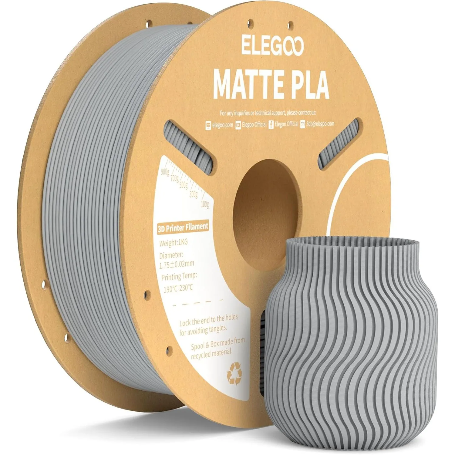 ELEGOO Matte PLA Filament 1.75mm Schiefergrau 1KG, 3D Drucker Filament PLA