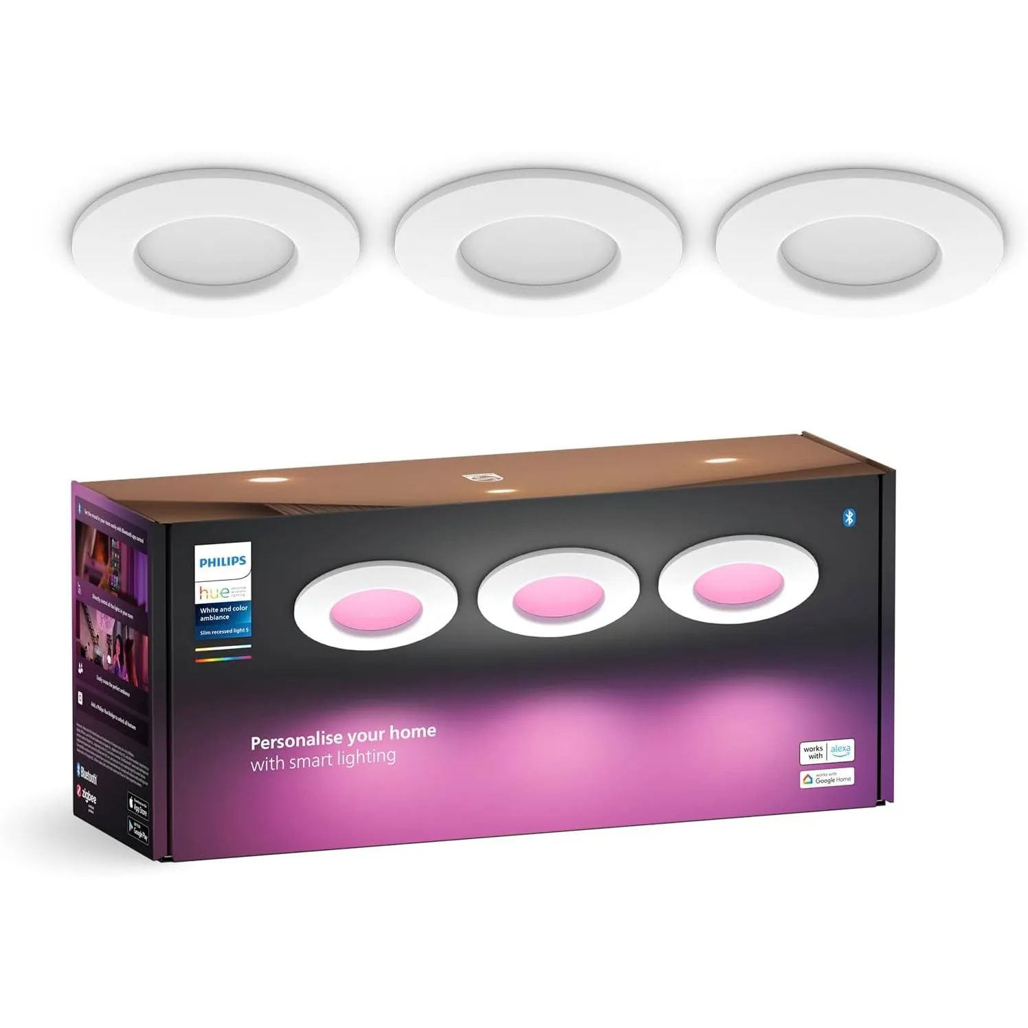 Philips Hue Smart Slim Einbauleuchte 3er Pack, 90 mm, Weiß & Farbiges Licht, Bluetooth kompatibel, Sprachsteuerung mit …