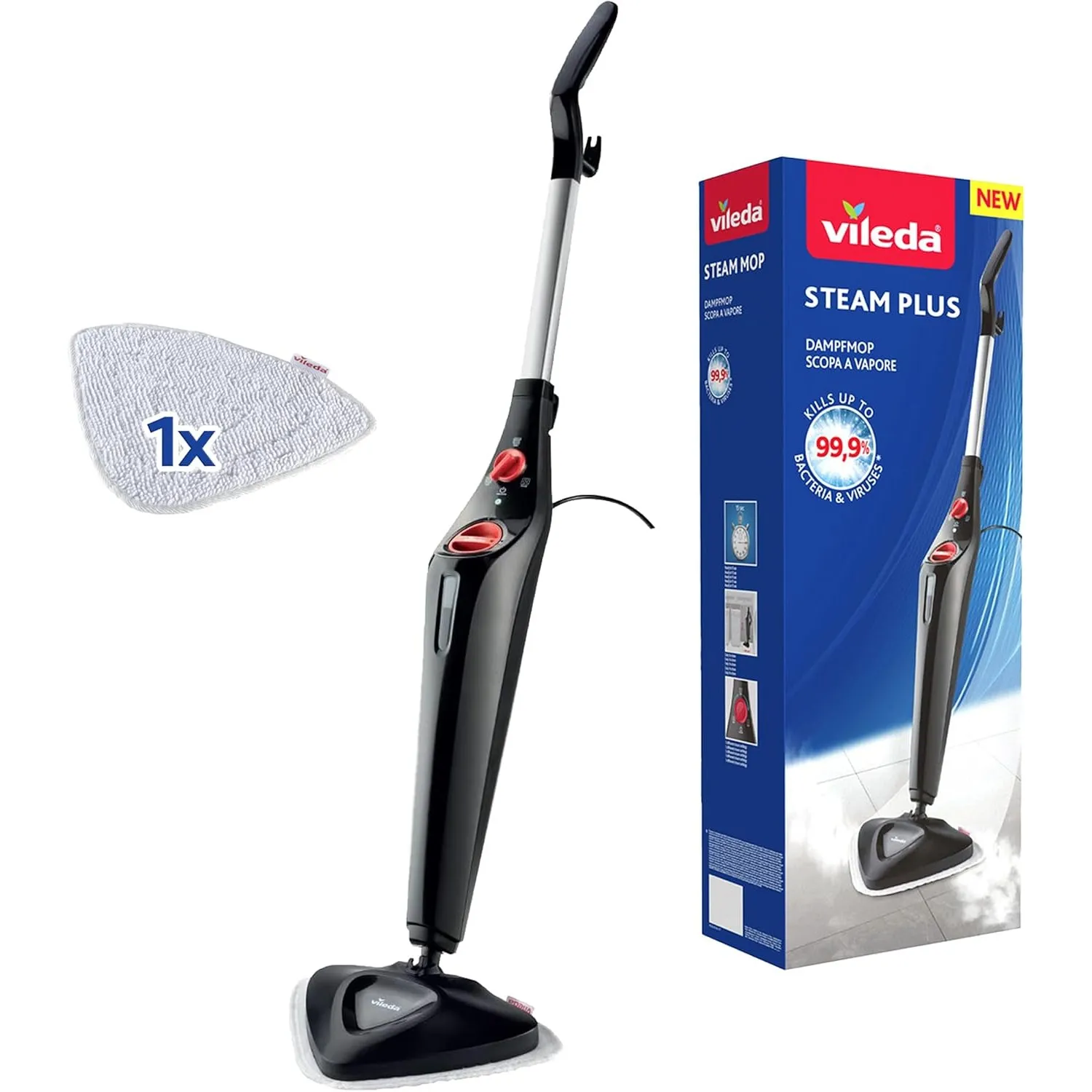 Vileda Steam Plus Dampfreiniger mit Mikrofaserpad | Hygienische Bodenreinigung ohne Chemie | Entfernt bis zu 99,9 % von…