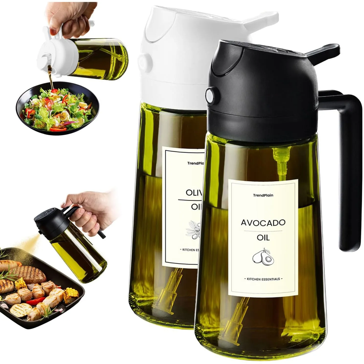 TrendPlain 16oz Ölsprüher für Speiseöl – 470ml Olivenöl Flasche – 2-in-1 Ölspender und Ölsprüher – Küchen Gadgets für K…