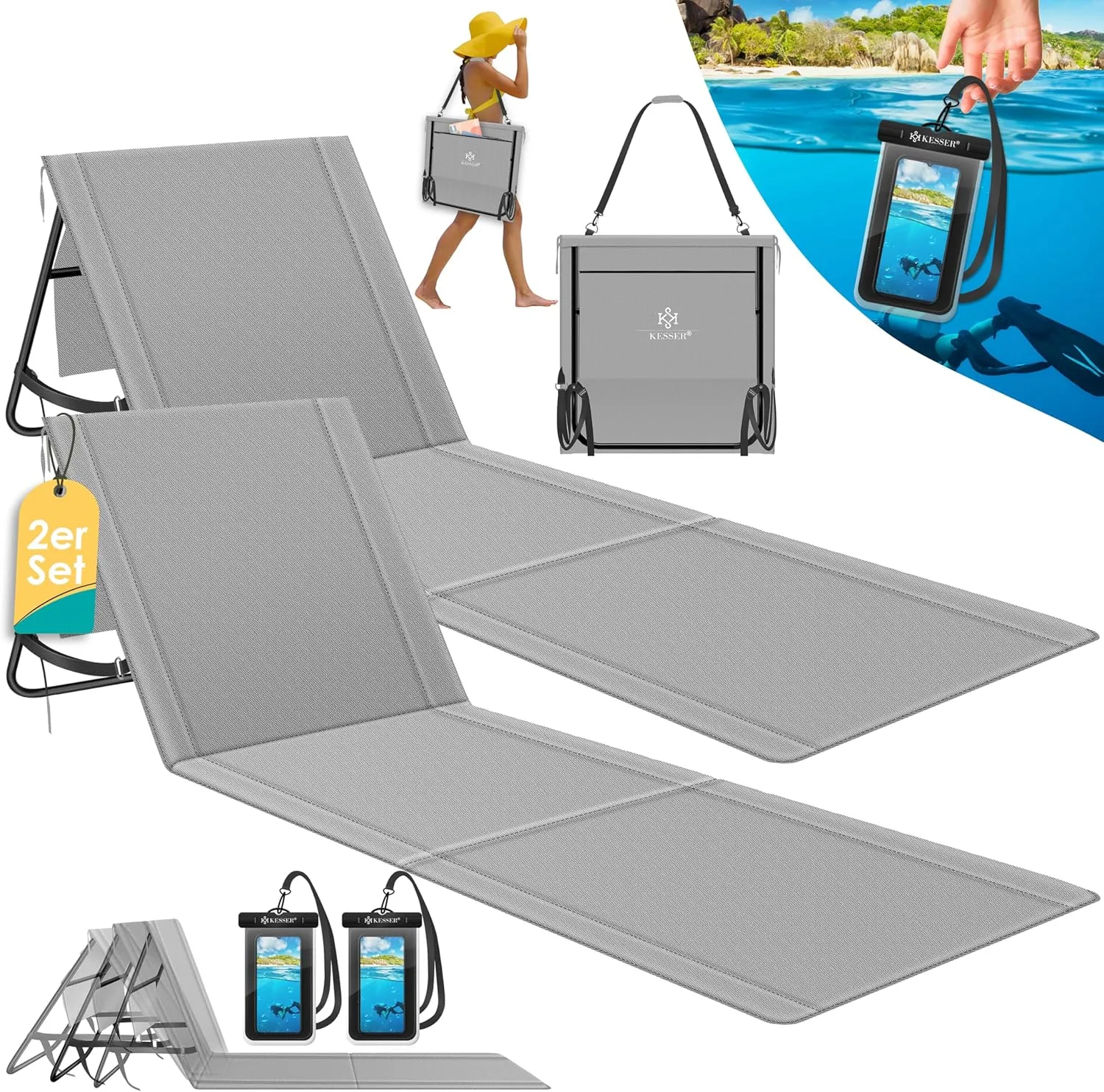 Kesser® Beach Mat Set of 2, Folding, with Adjustable Backrest, Beach Lounger, Foldable with Carry Strap, Waterproof Mob…
