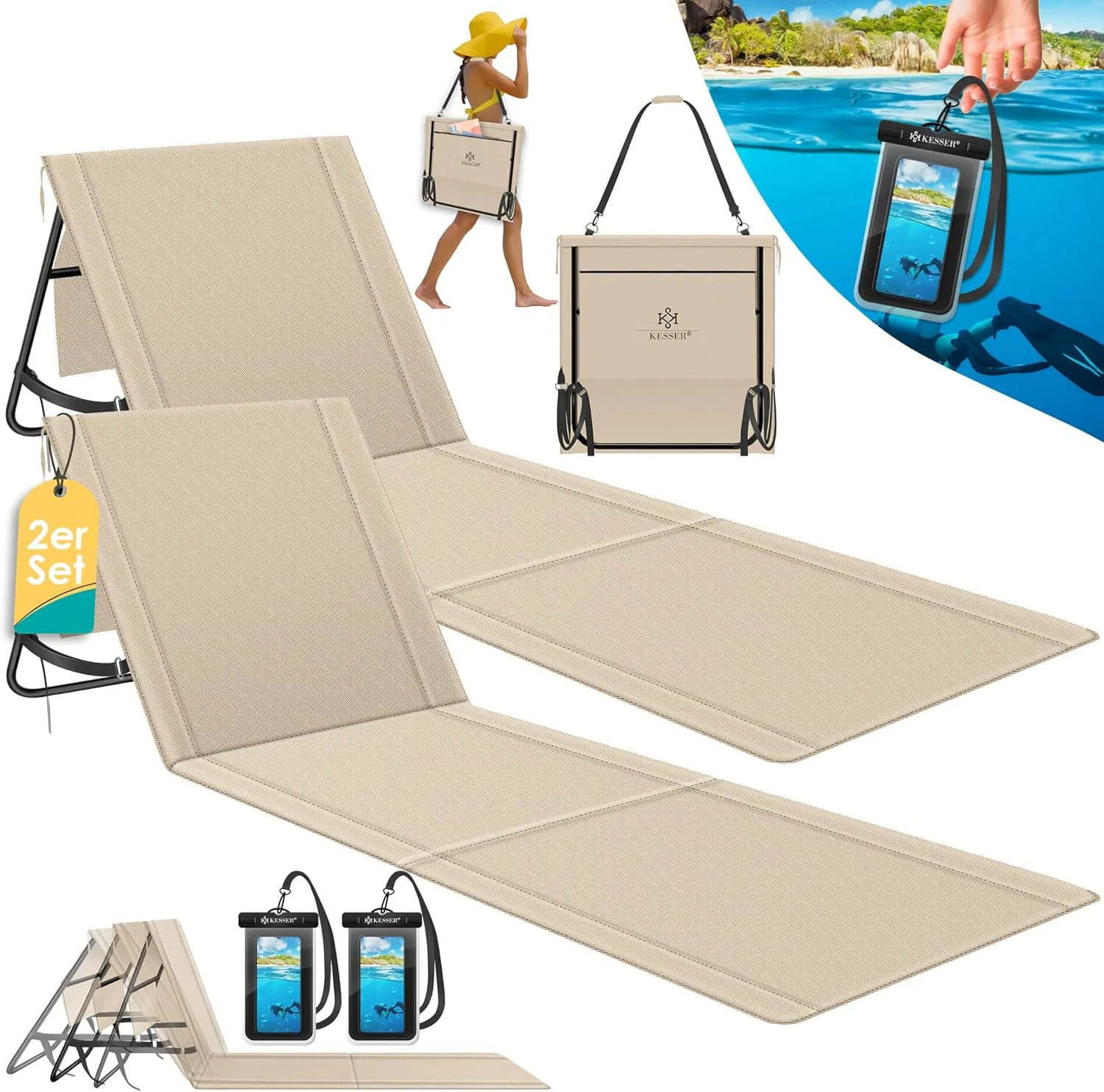 Kesser® Beach Mat Set of 2, Folding, with Adjustable Backrest, Beach Lounger, Foldable with Carry Strap, Waterproof Mob…