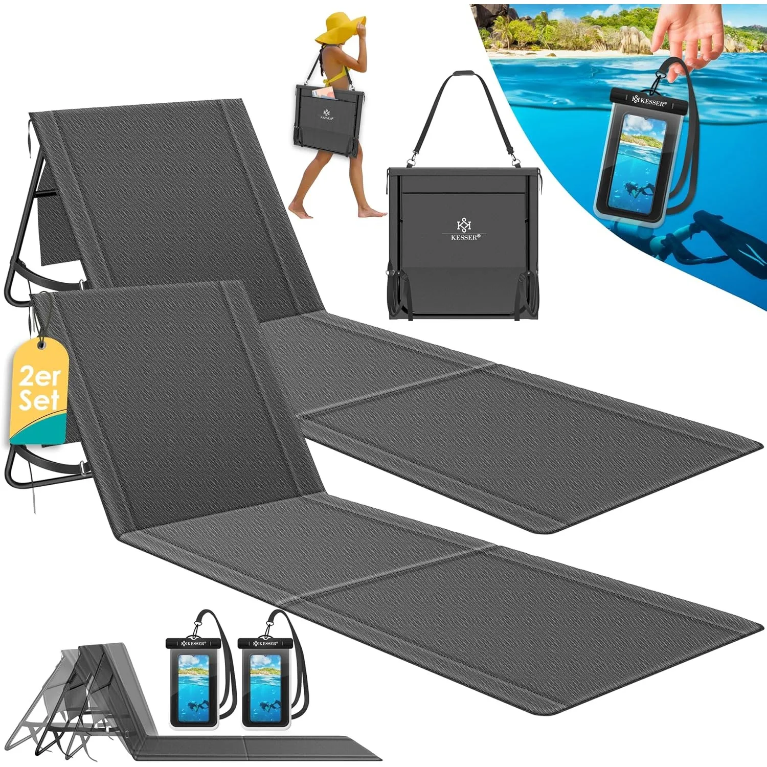 KESSER® 2er Set Strandmatte klappbar mit Verstellbarer Rückenlehne, Tragegurt, wasserdichter Tasche & Aufbewahrung – Fa…