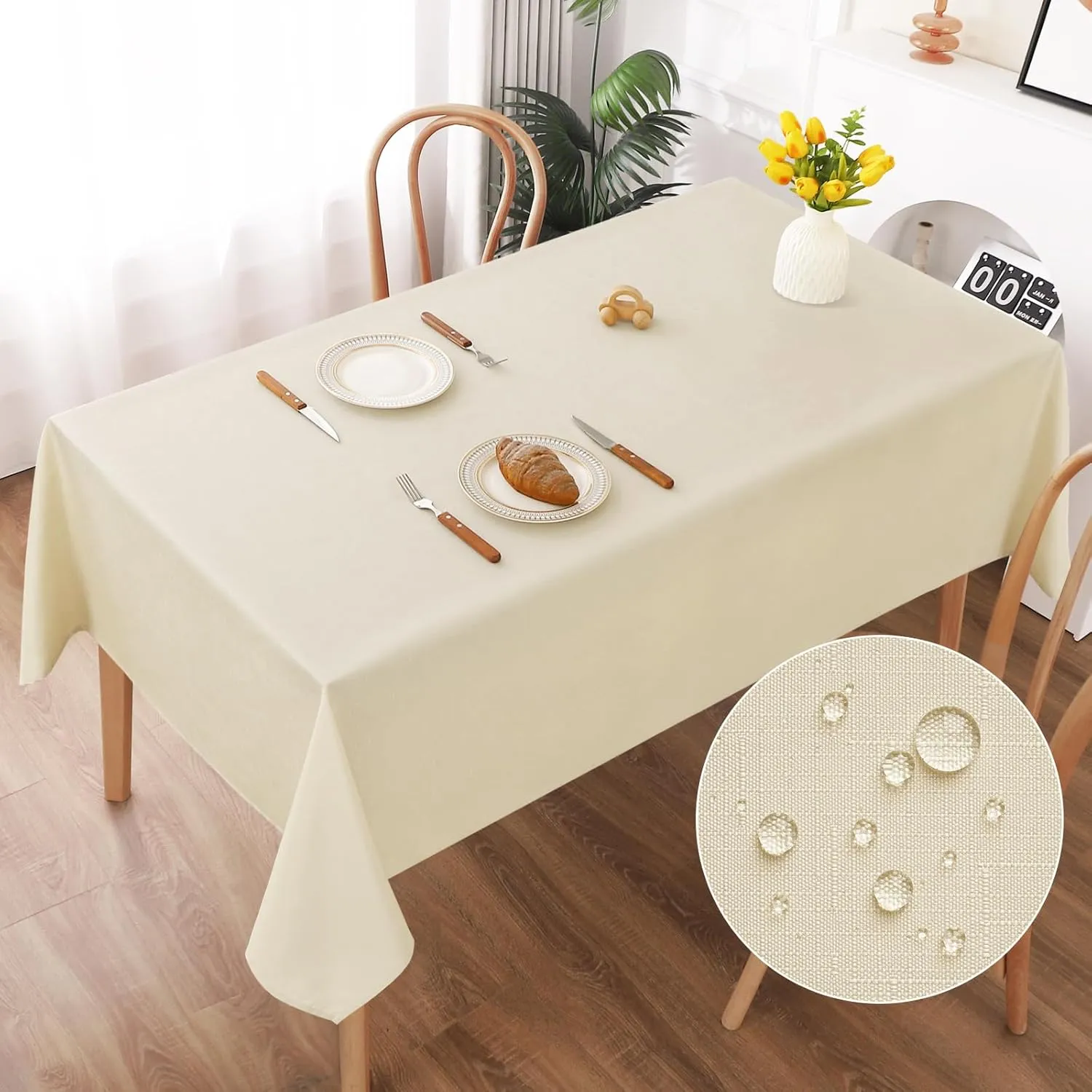 AooHome Washable Tablecloth, Beige Tablecloths, 130 x 160 cm, Linen Look, Polyester Tablecloth, Water-Repellent with Lo…