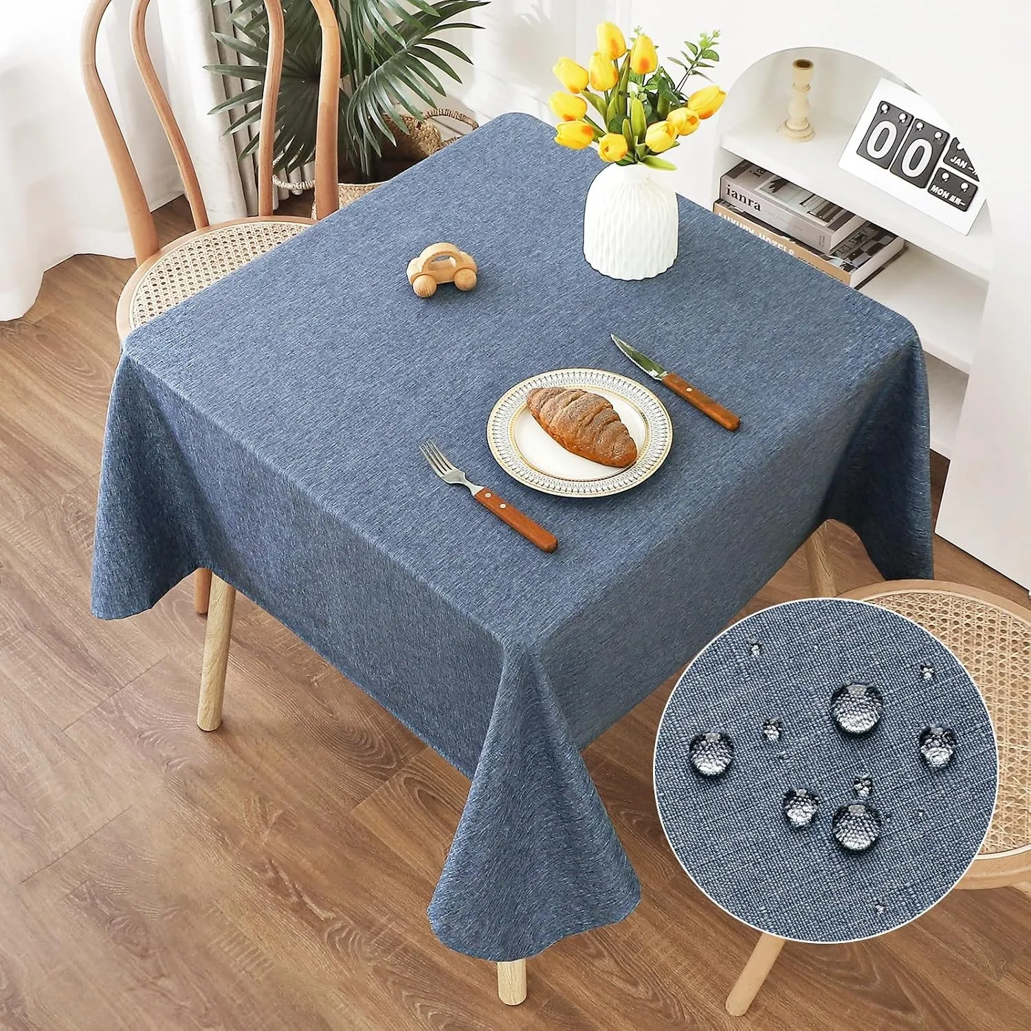AooHome Tischdecke Abwaschbar, Blau Tischdecken 120x120cm Leinen-Optik Tischtuch aus Polyester Wasserabweisend mit Lotu…
