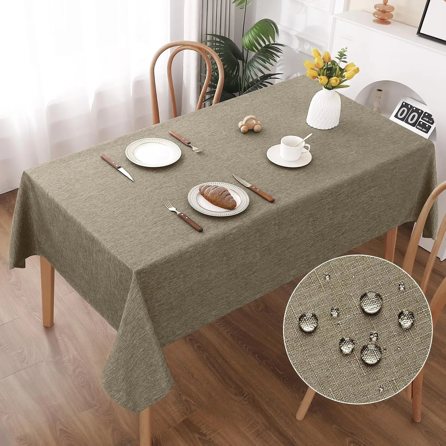 AooHome Tischdecke Abwaschbar, Kaffee Braun Tischdecken 140x200cm Leinen-Optik Tischtuch aus Polyester Wasserabweisend …