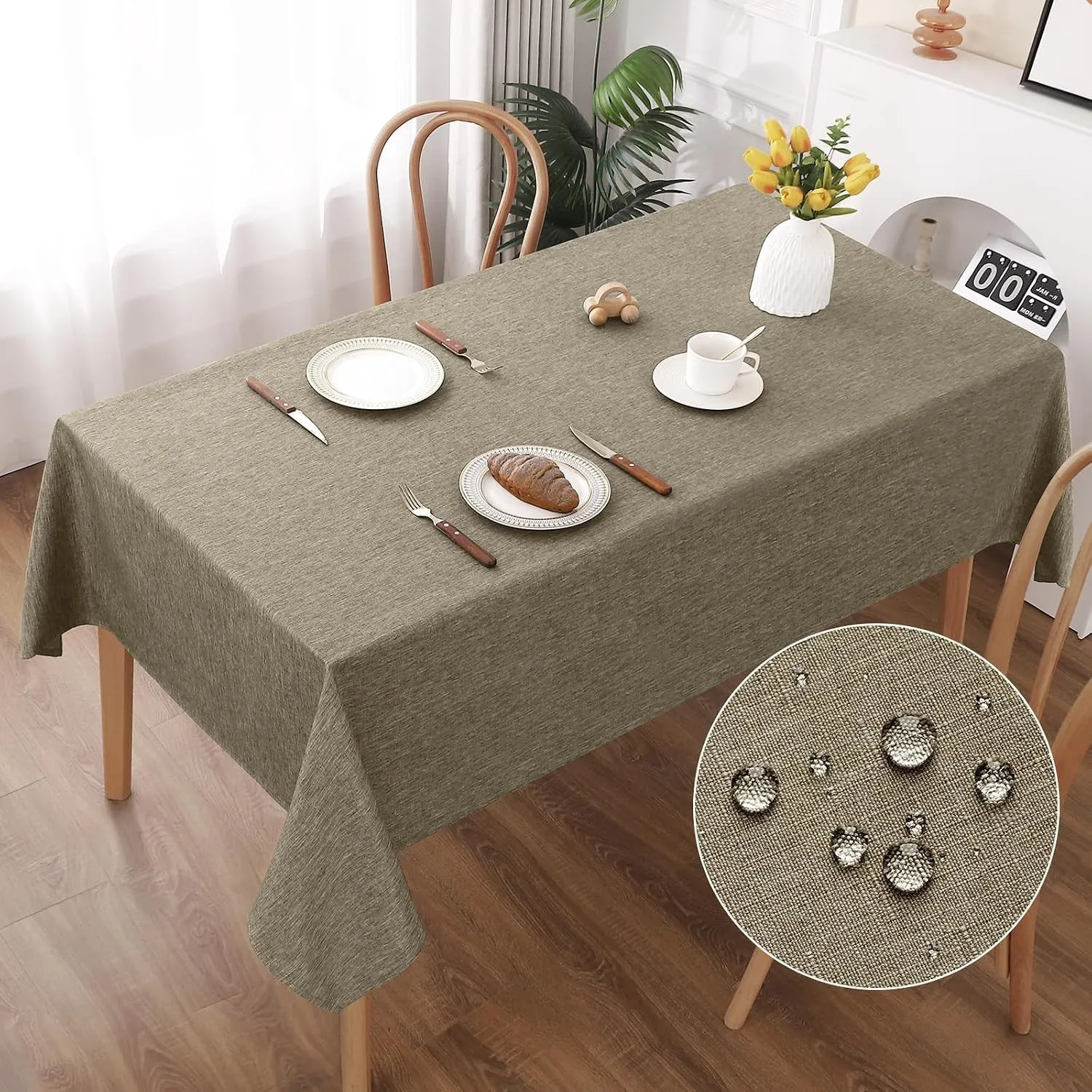 AooHome Tischdecke Abwaschbar, Kaffee Braun Tischdecken 130x160cm Leinen-Optik Tischtuch aus Polyester Wasserabweisend …