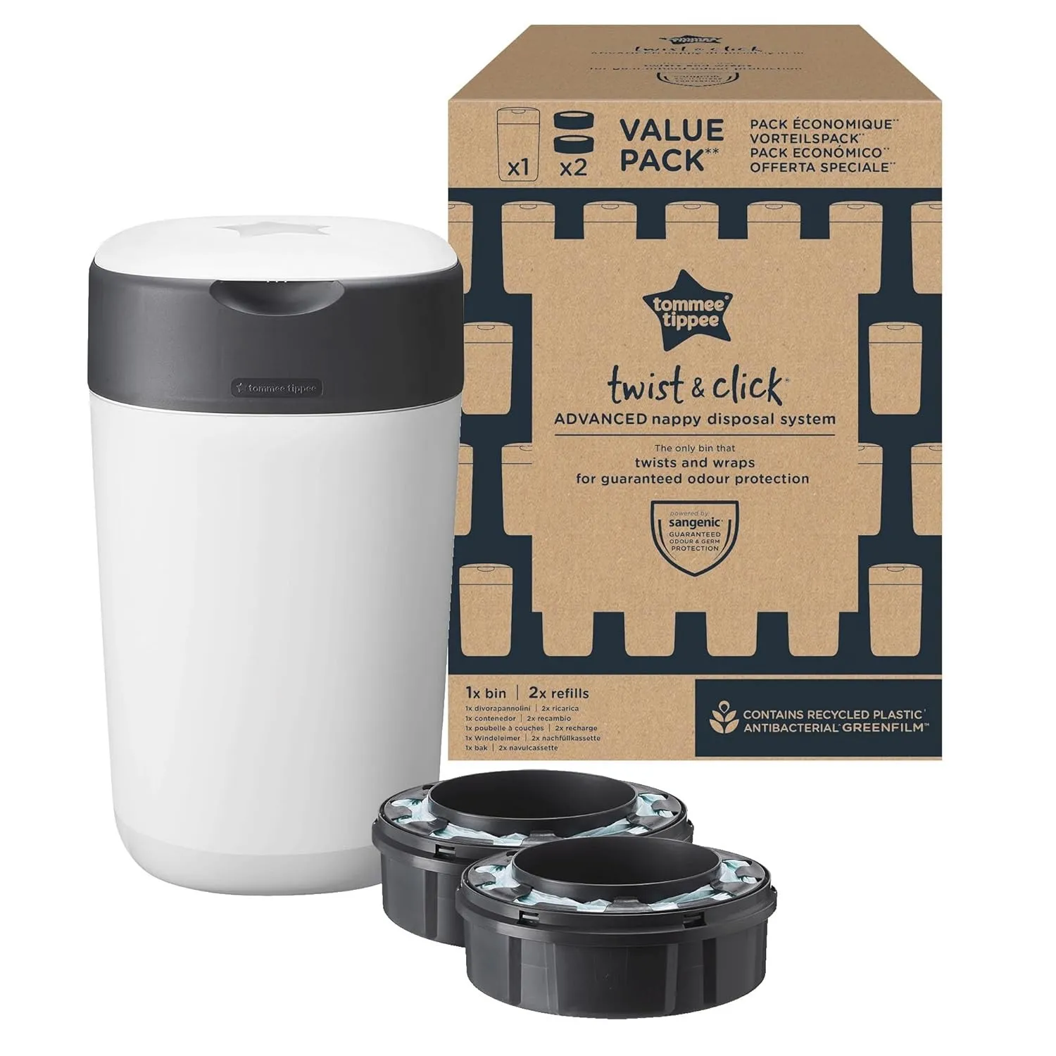 Tommee Tippee Twist and Click Advanced Windeleimer mit 2 Nachfüllkassetten, garantierter Geruchs- und Keimschutz, große…