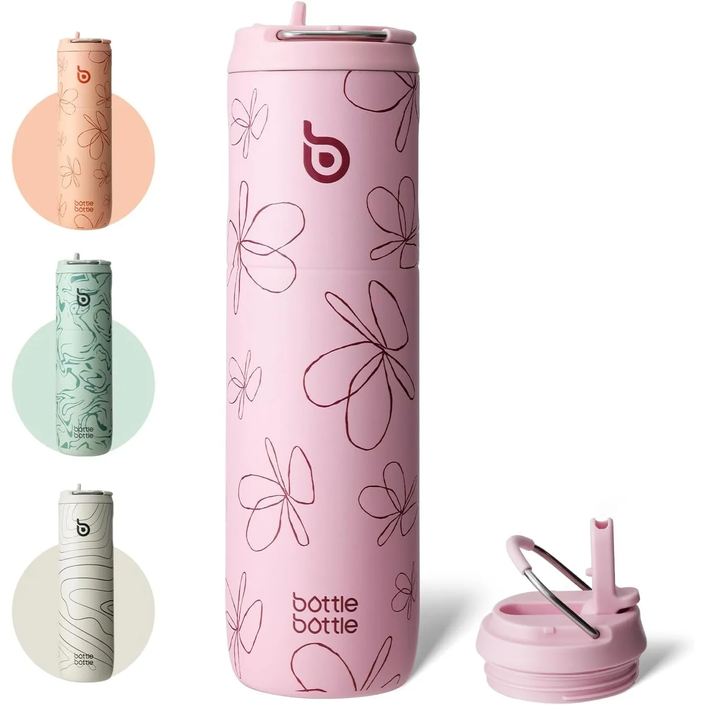 BOTTLE BOTTLE Edelstahl Trinkflasche 750ml Griff Auslaufsicher Pinke Blumen