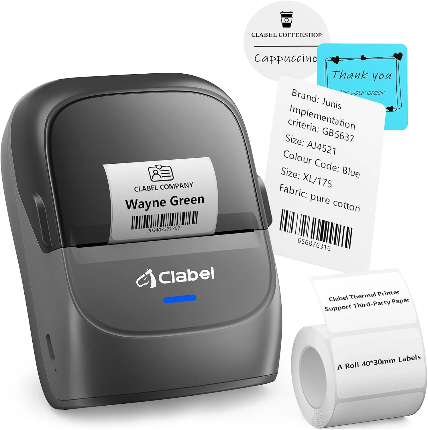 CLABEL Etikettendrucker Selbstklebend Bluetooth 221B Mini Thermo Etikettiergerät Tragbar Beschriftungsgerät Selbstklebend Kompatibel mit Handy & PC Label Printer für Barcode Einzelhandel Büro Grau