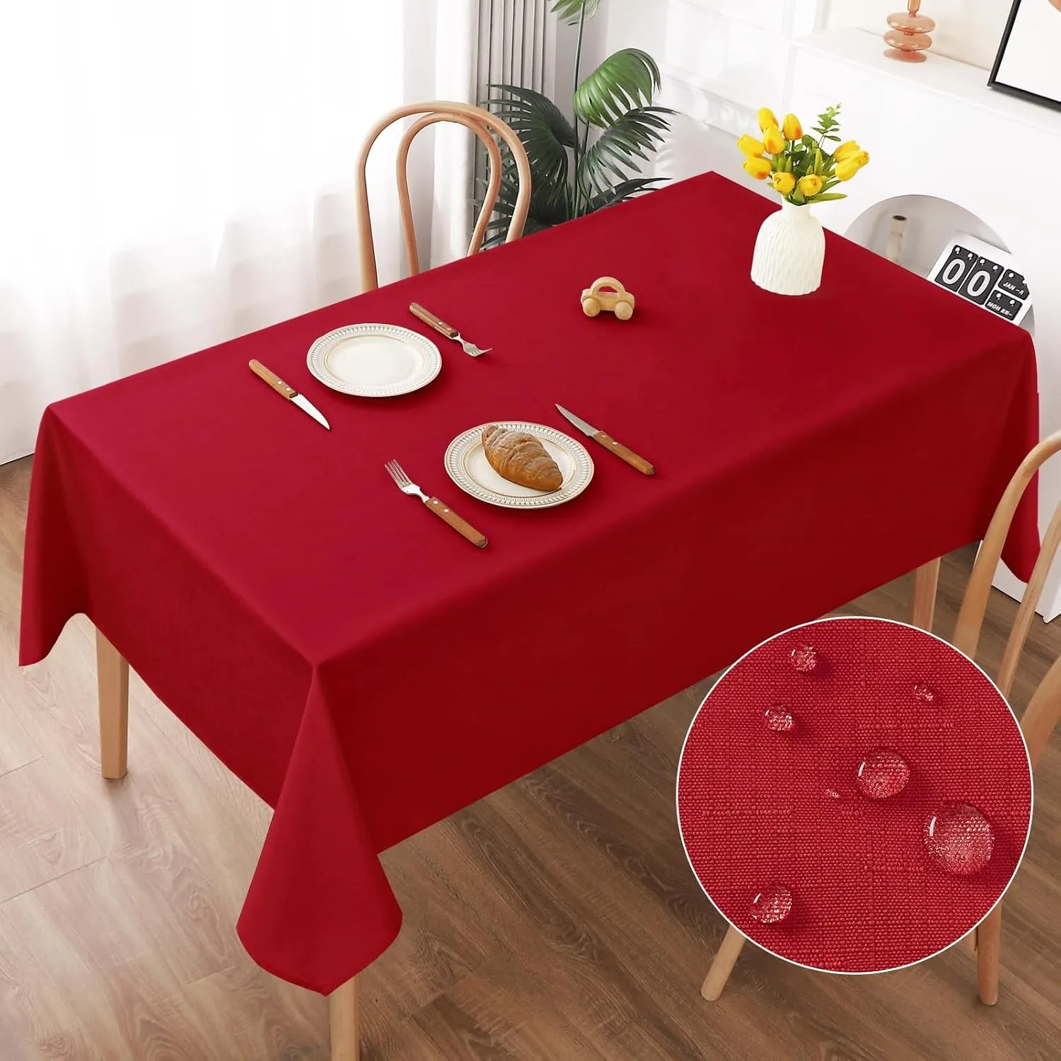 AooHome Tischdecke Abwaschbar, Rot Tischdecken 140x220cm Leinen-Optik Tischtuch aus Polyester Wasserabweisend mit Lotus…