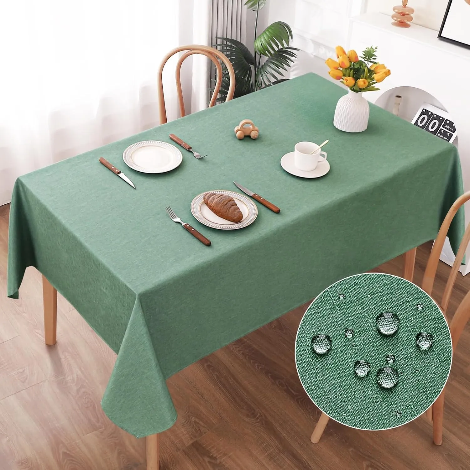 AooHome Tischdecke Abwaschbar, Grün Tischdecken 140x220cm Leinen-Optik Tischtuch aus Polyester Wasserabweisend mit Lotu…