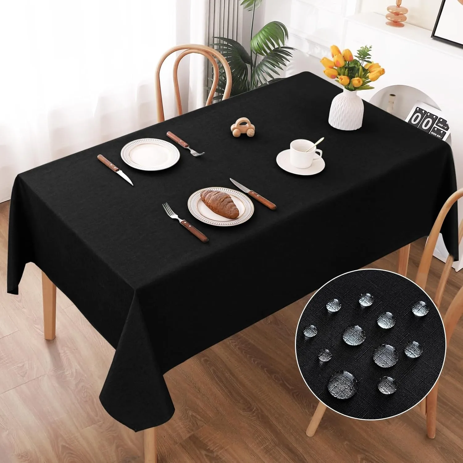 AooHome Tischdecke Abwaschbar, Schwarz Tischdecken 140x220cm Leinen-Optik Tischtuch aus Polyester Wasserabweisend mit L…
