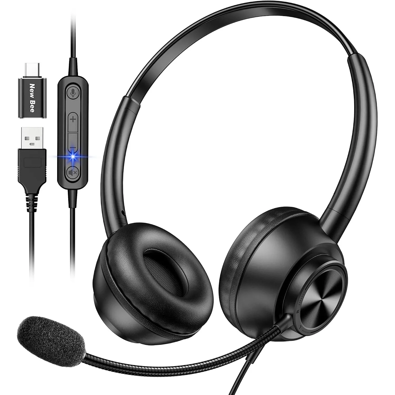 New Bee USB Headset mit Mikrofon, PC Headset mit USB-A & USB-C, Verstellbares Mikrofon für Call Center/Telefonkonferenz…