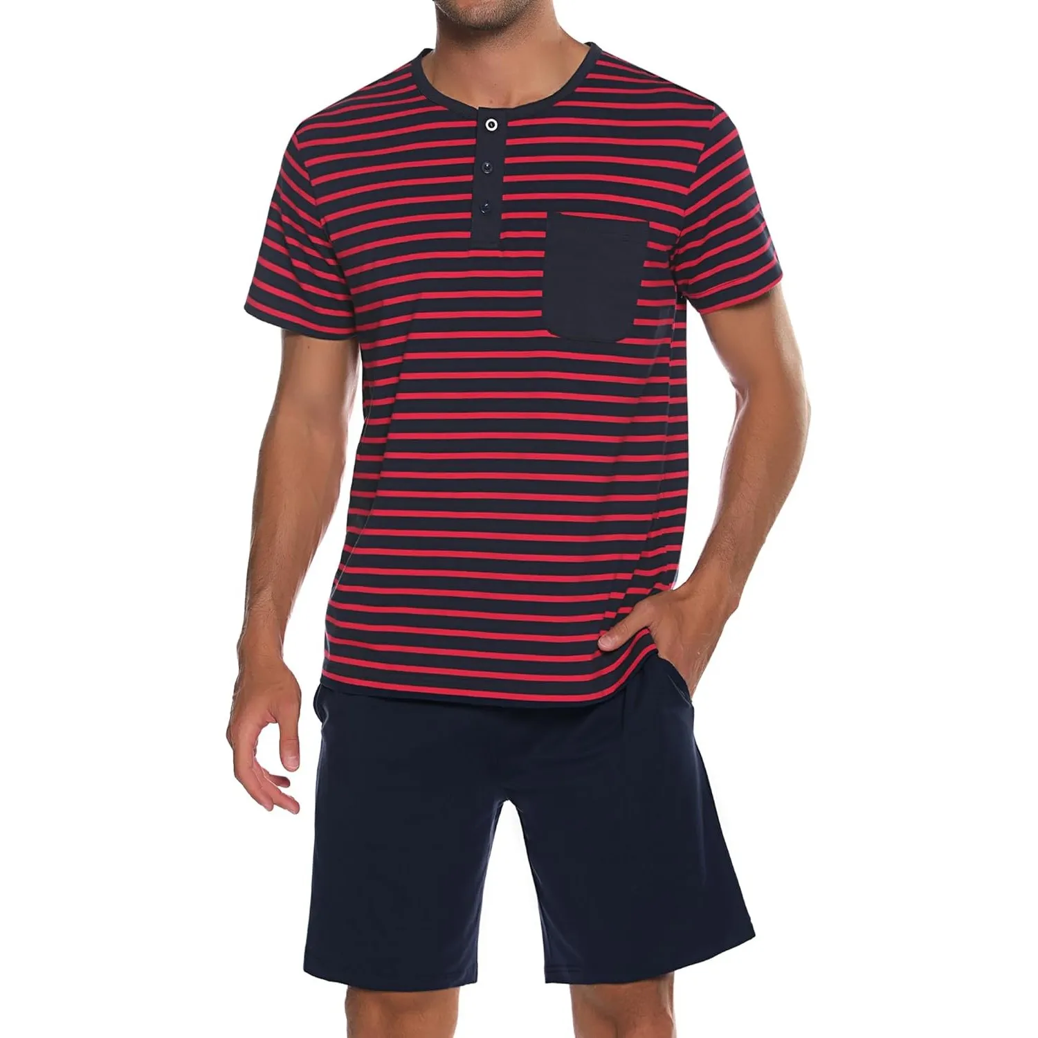 Schlafanzug Herren Kurz aus Baumwolle mit Kontraststreifen Design, Sommer Pyjama Set Oberteile und Kurze Hosen für Vate…