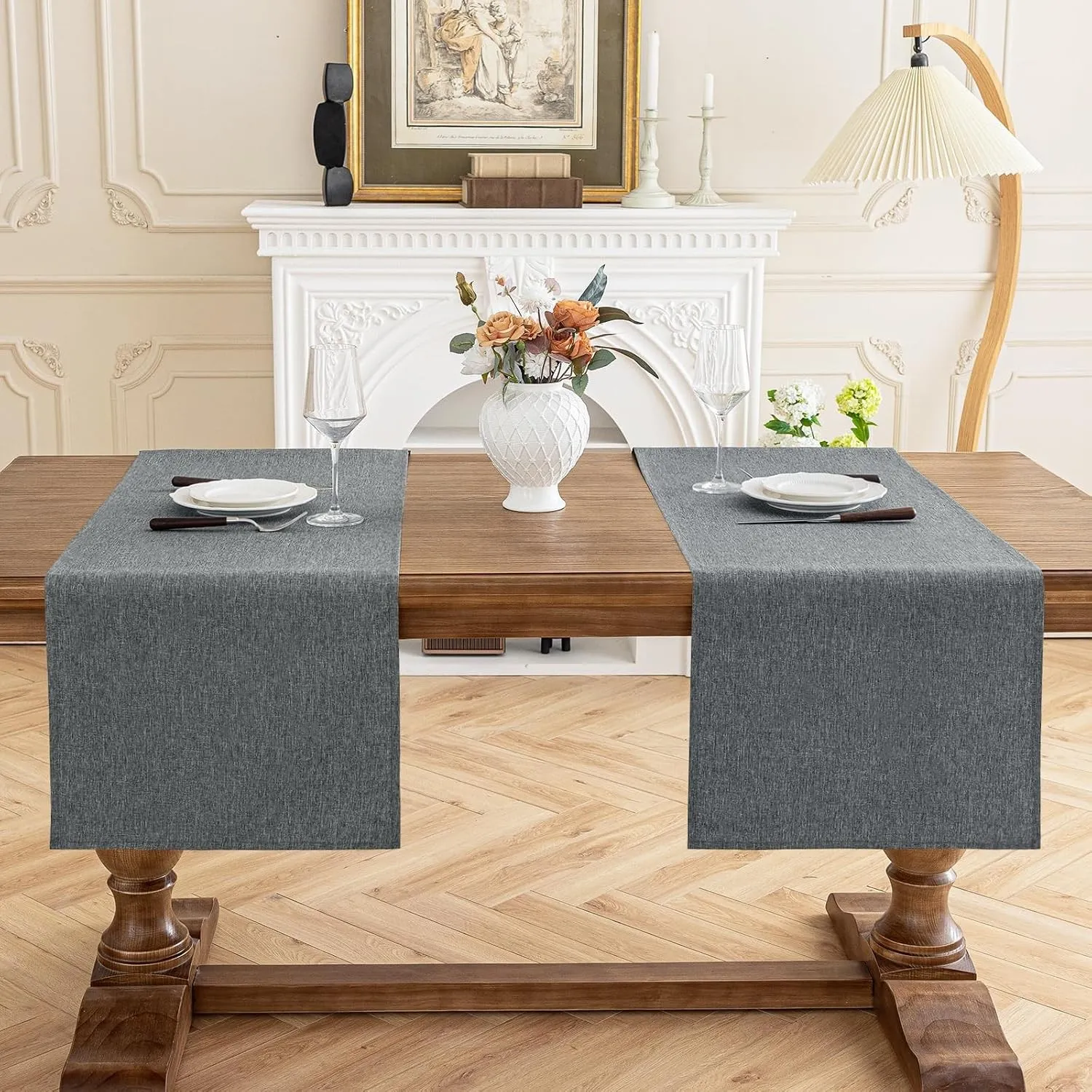 AooHome Tischläufer Grau 40X140cm(2 Stück), Tischdeko Leinen-Optik Abwaschbar Tischband aus Polyester Wasserabweisend m…