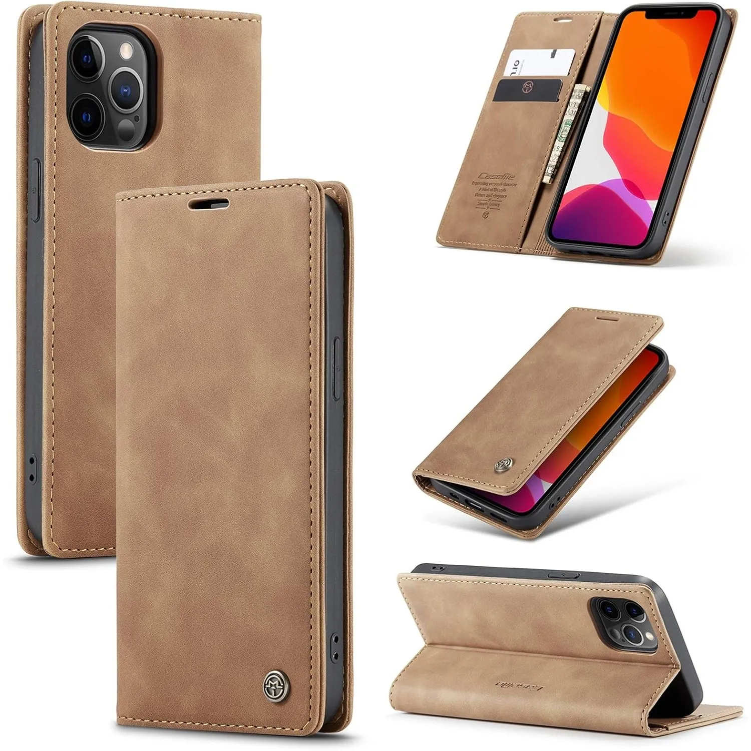 Handyhülle für iPhone 12/12 Pro Hülle, Premium Lederhülle Weiches Vintage-Nubukleder Faltbare Ständer Klapphülle Karten…