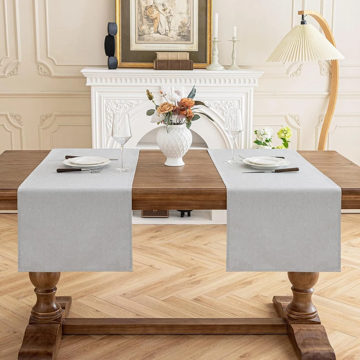 AooHome Tischläufer Hellgrau 40X140cm(2 Stück), Tischdeko Leinen-Optik Abwaschbar Tischband aus Polyester Wasserabweise…
