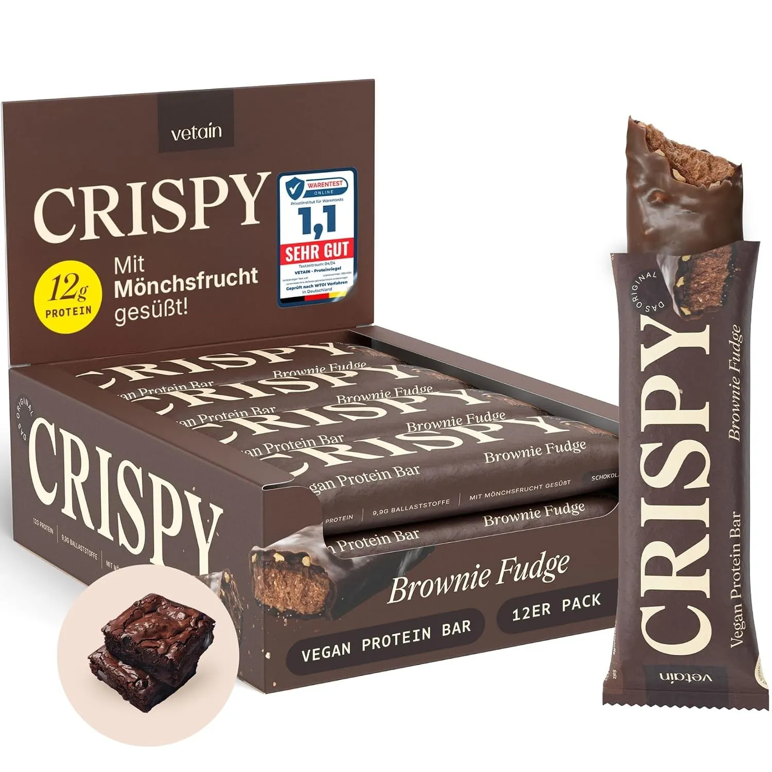 VETAIN Vegan Proteinriegel - Crispy Brownie - 12g Eiweiß pro Riegel - Mit Mönchsfrucht gesüßt - 100% natürliche Zutaten…
