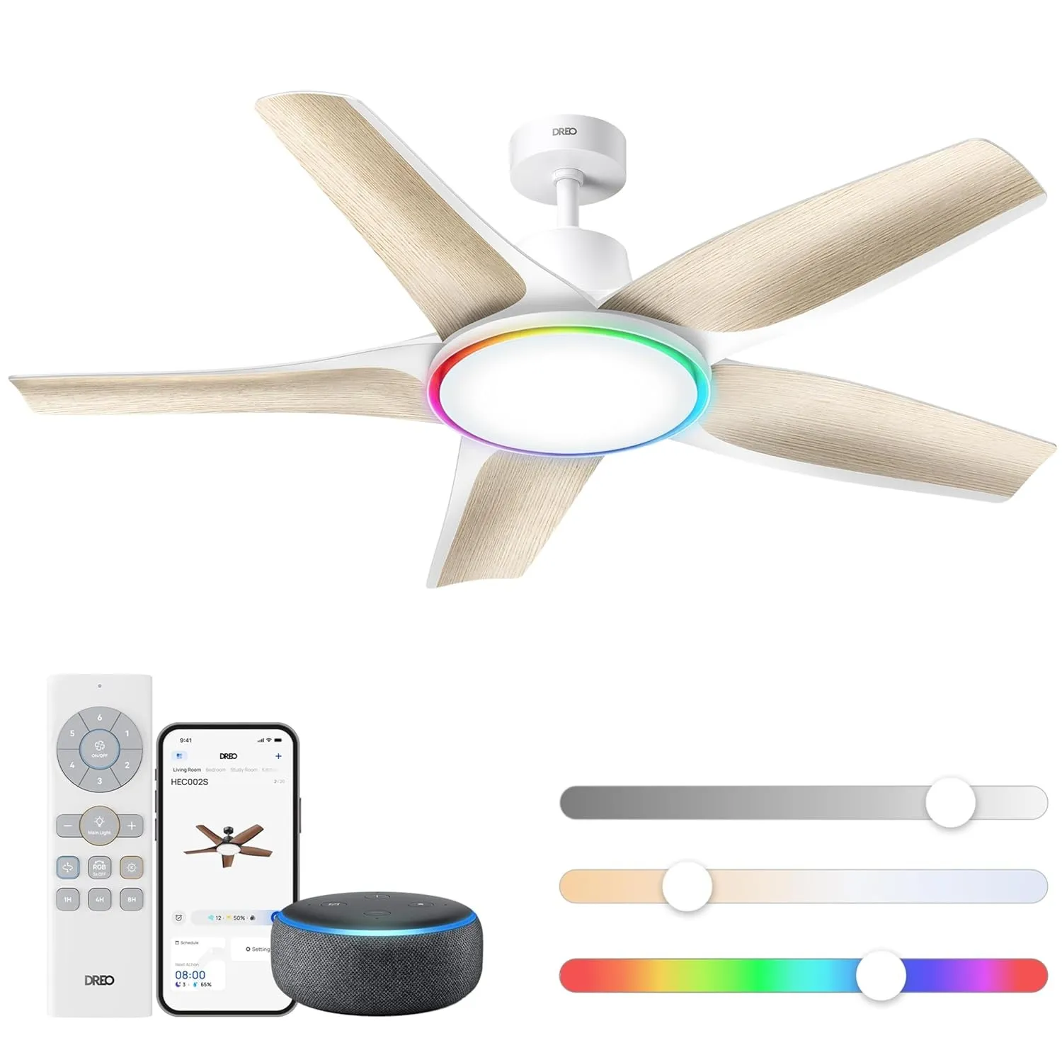 DREO Smarter Low-Profile-Deckenventilator mit Licht, 132 cm, dimmbare LED mit einstellbarer Farbtemperatur, RGB-Ambient…
