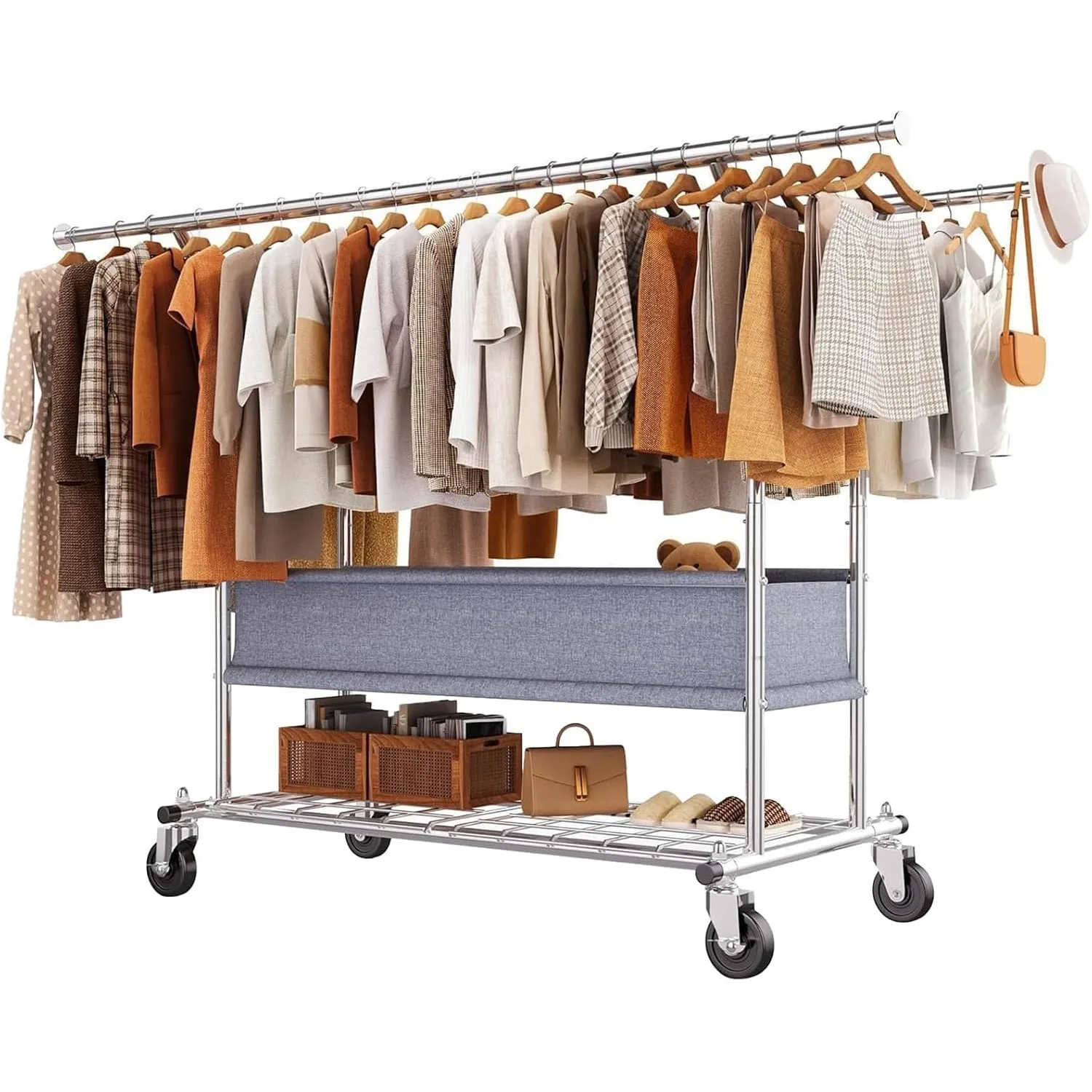 HOKEEPER Schwerlast Kleiderständer auf Rollen, Doppelter Kleiderstange,bis 283 kg belastbar,Industrie-Design, Garderobe…