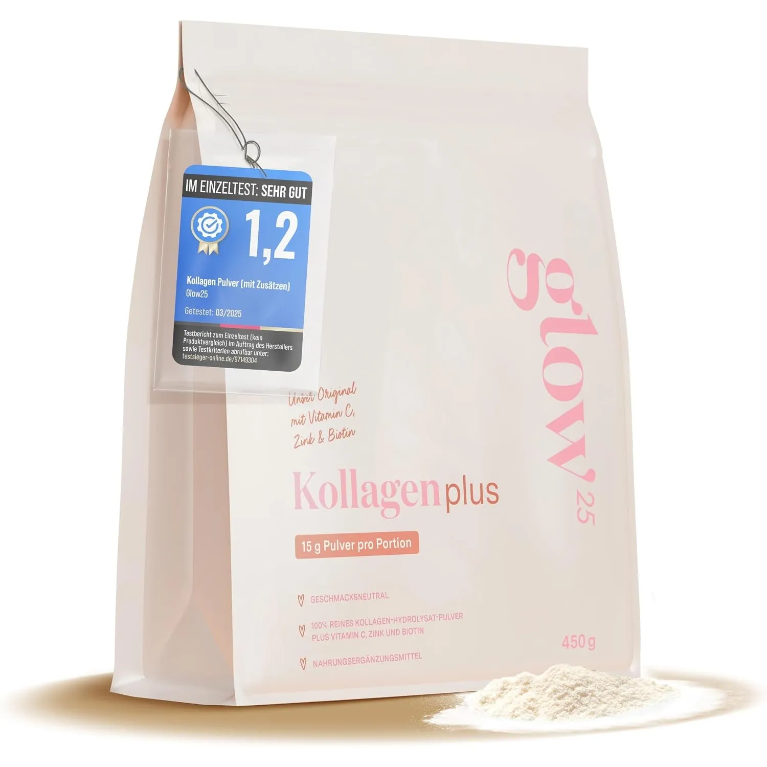 Glow25® Kollagen Plus Pulver [450g] - Collagen Hydrolysat mit Vitamin C, Zink und Biotin - Peptide Typ 1 und 3 - Gute L…
