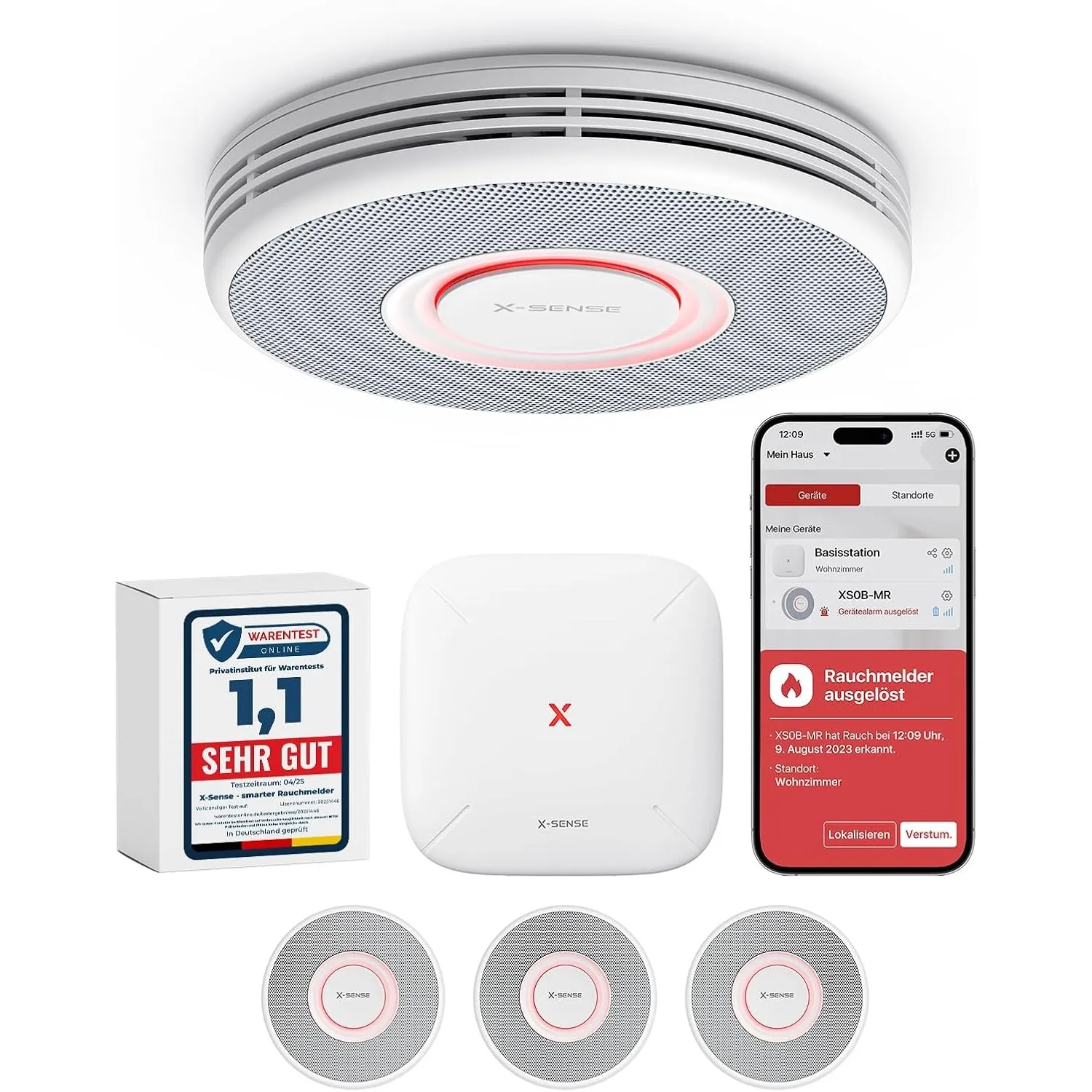 X-Sense Smarter Rauchmelder WLAN mit Sprachausgabe und 17 Standorten, Feuermelder, Rauchmelder vernetzt, 33 mm, Brandme…