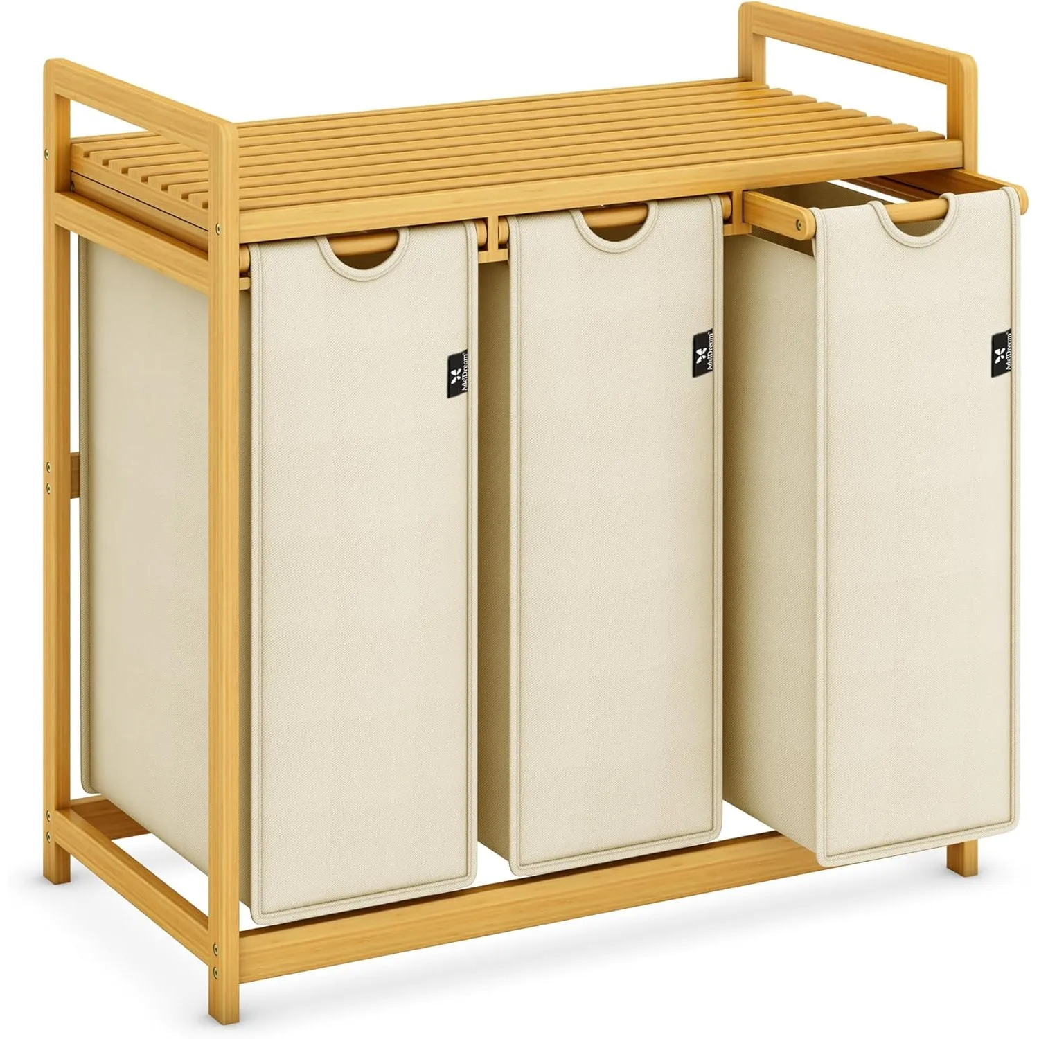AdelDream Wäschekorb 3 Fächer 150L, Wäschesammler mit Ablage, Bambusrahmen