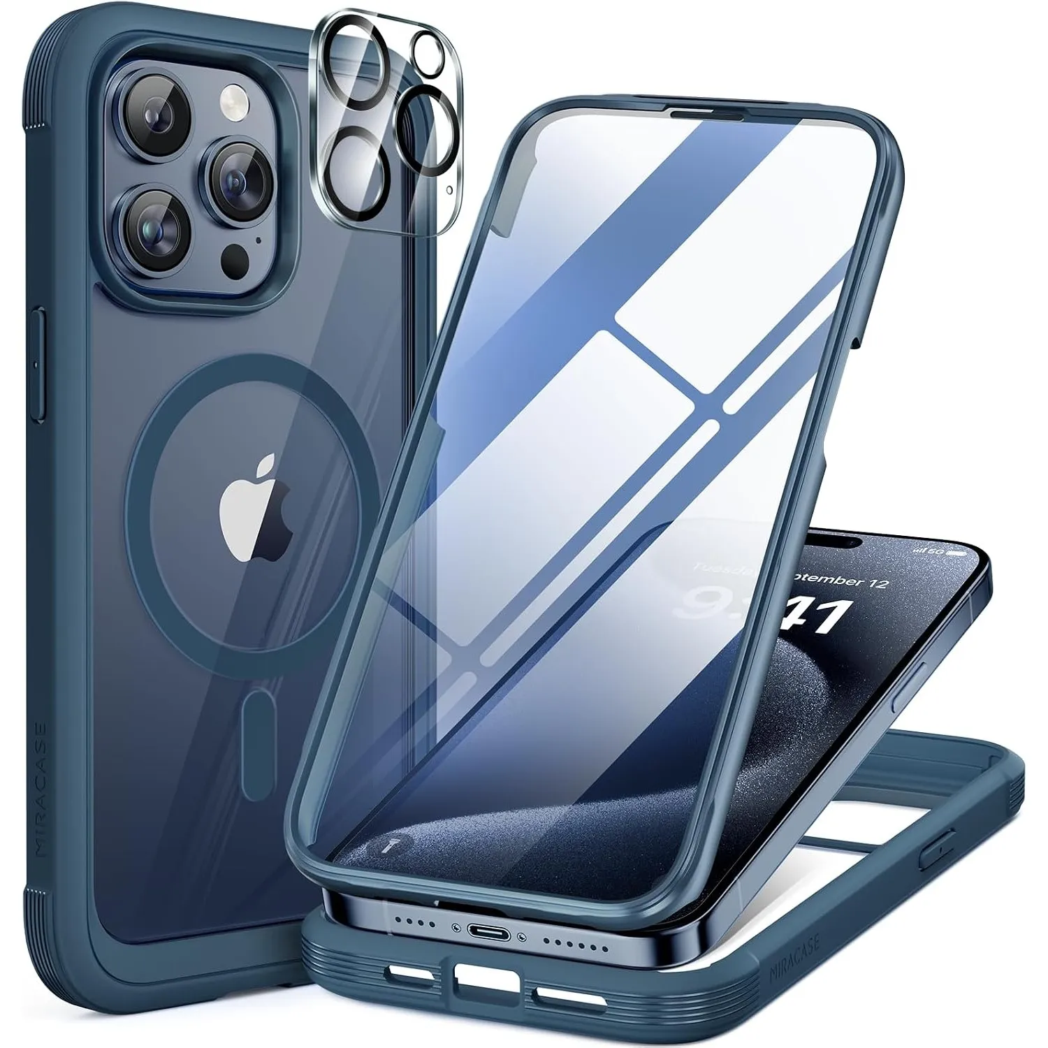 miracase Vollschutzhülle für iPhone 15 Pro, Magsafe, Sturm Blau