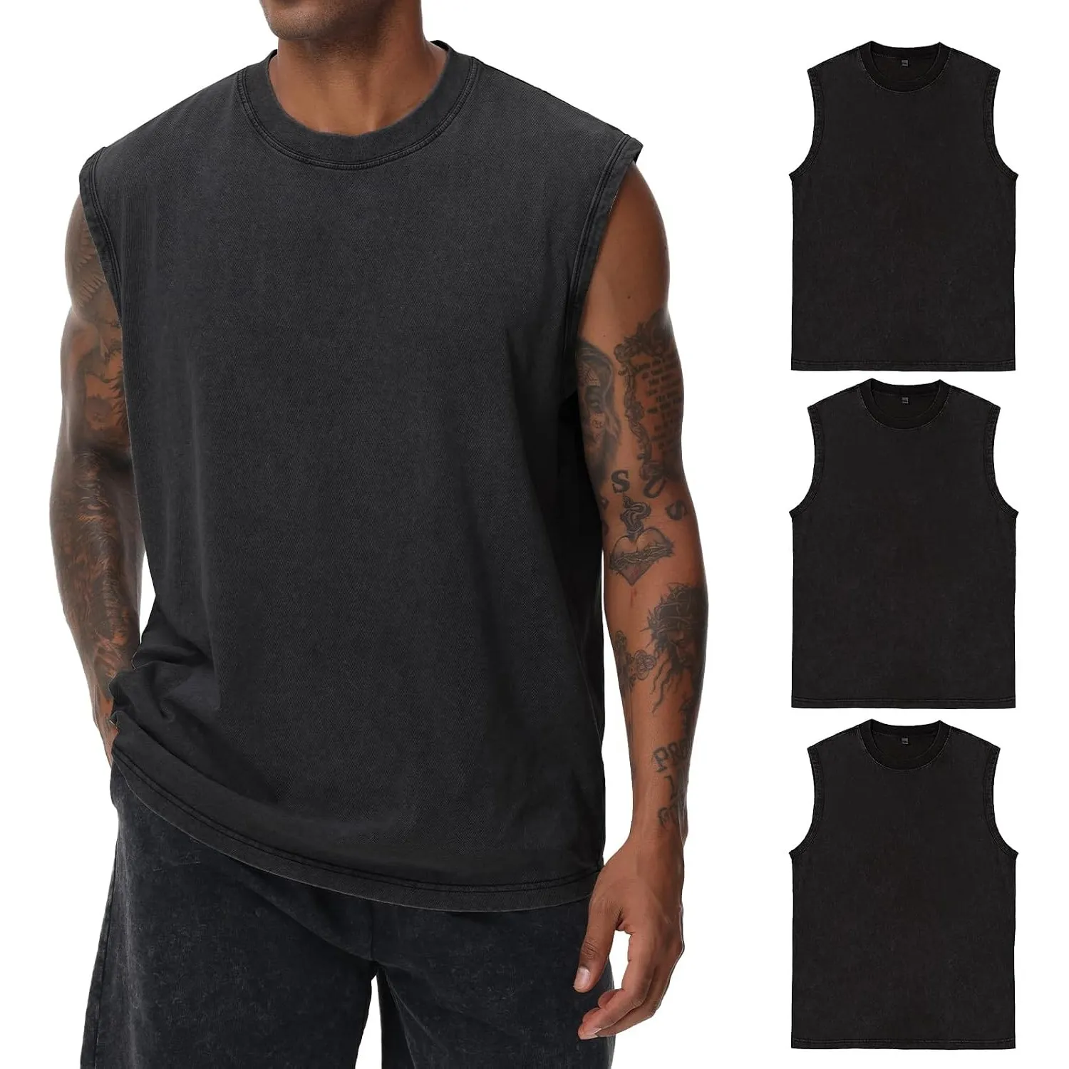 Herren Kurzarm Sommer Ärmelloses Shirt, Männer Fitness ärmellos Weste, Washed Sleeveless t-Shirt, Workout, Fitnessstudi…