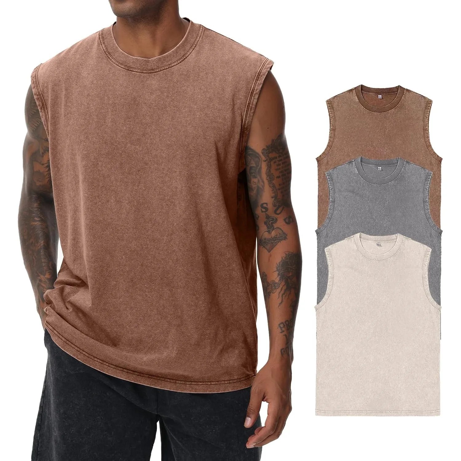 Herren Kurzarm Sommer Ärmelloses Shirt, Männer Fitness ärmellos Weste, Washed Sleeveless t-Shirt, Workout, Fitnessstudi…